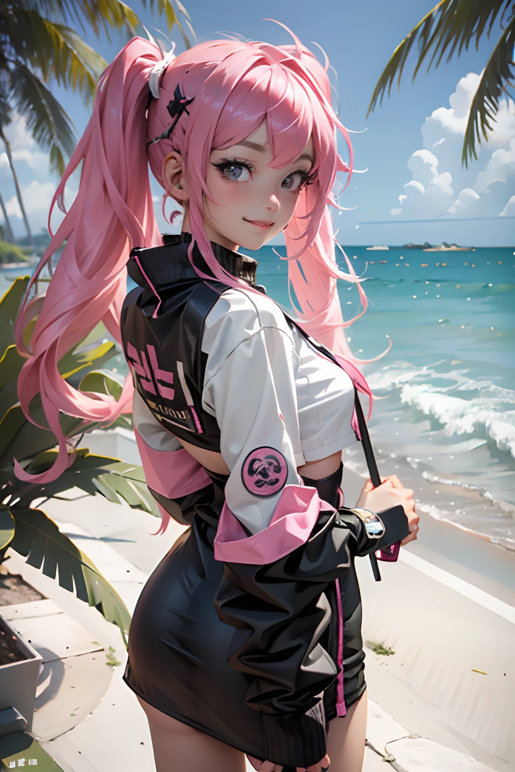 Beautiful woman pink twin tail long hair、short clothes in cyberpunk style、Put on cat ears、Glaring at the Viewer、facing forward、A slight smile、beach、palm trees