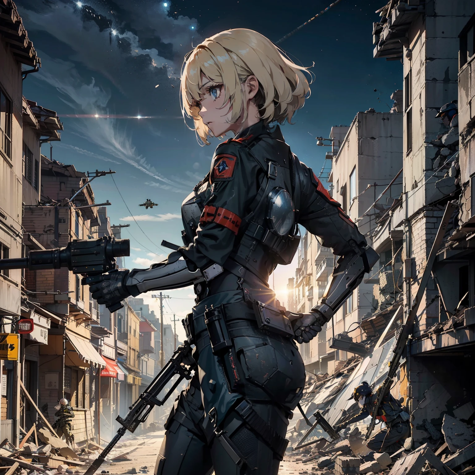 (Female soldier with well-trained body)、(((Destroy enemy robots))),(((Shooting with a machine gun in both hands:1.4)))、1 Female 1 Robot、(Black combat uniform)、(platinum-blonde-hair:1.2)、shout out、Have multiple weapons、((Running through the rubble))、((超A high resolution))、Detail Write、​masterpiece、top-quality、extremely details CG、8K picture quality、Cinematographic lighting、lensflare、(Night street combat:1.4)、Hyper-detailing、Android wreckage、((cowboy  shot:1.4))、Detailed firearm depiction、Firearms with perfect detail、Perfect barrel、(Side Zoom:1.4)、Scattered empty cartridge cases