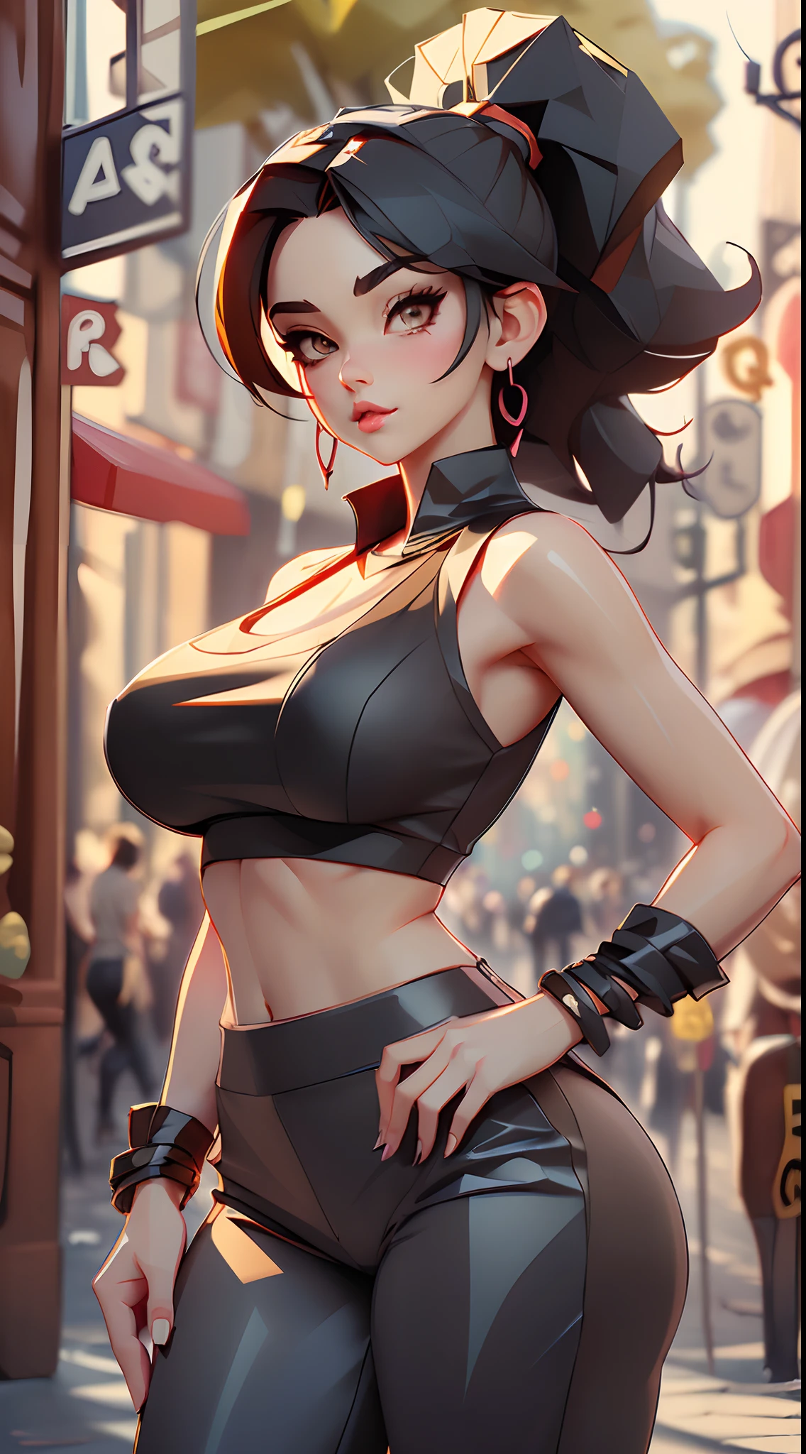 ((Best quality)), ((masterpiece)), (detailed: 1.4), beautiful woman, Asian, short black sleeveless t-shirt, black lag pants, short black hair with red locks, ink, (solo), realistic,((masterpiece)), (best quality), (detailed), (1 girl), big breasts, sexy, thicc, underboobs