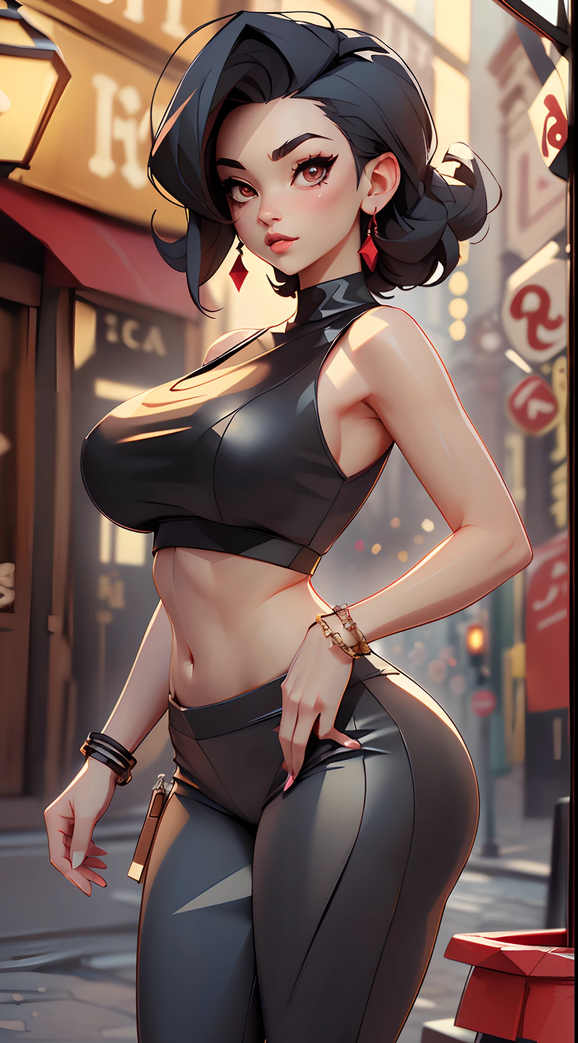 ((Best quality)), ((masterpiece)), (detailed: 1.4), beautiful woman, Asian, short black sleeveless t-shirt, black lag pants, short black hair with red locks, ink, (solo), realistic,((masterpiece)), (best quality), (detailed), (1 girl), big breasts, sexy, thicc, underboobs
