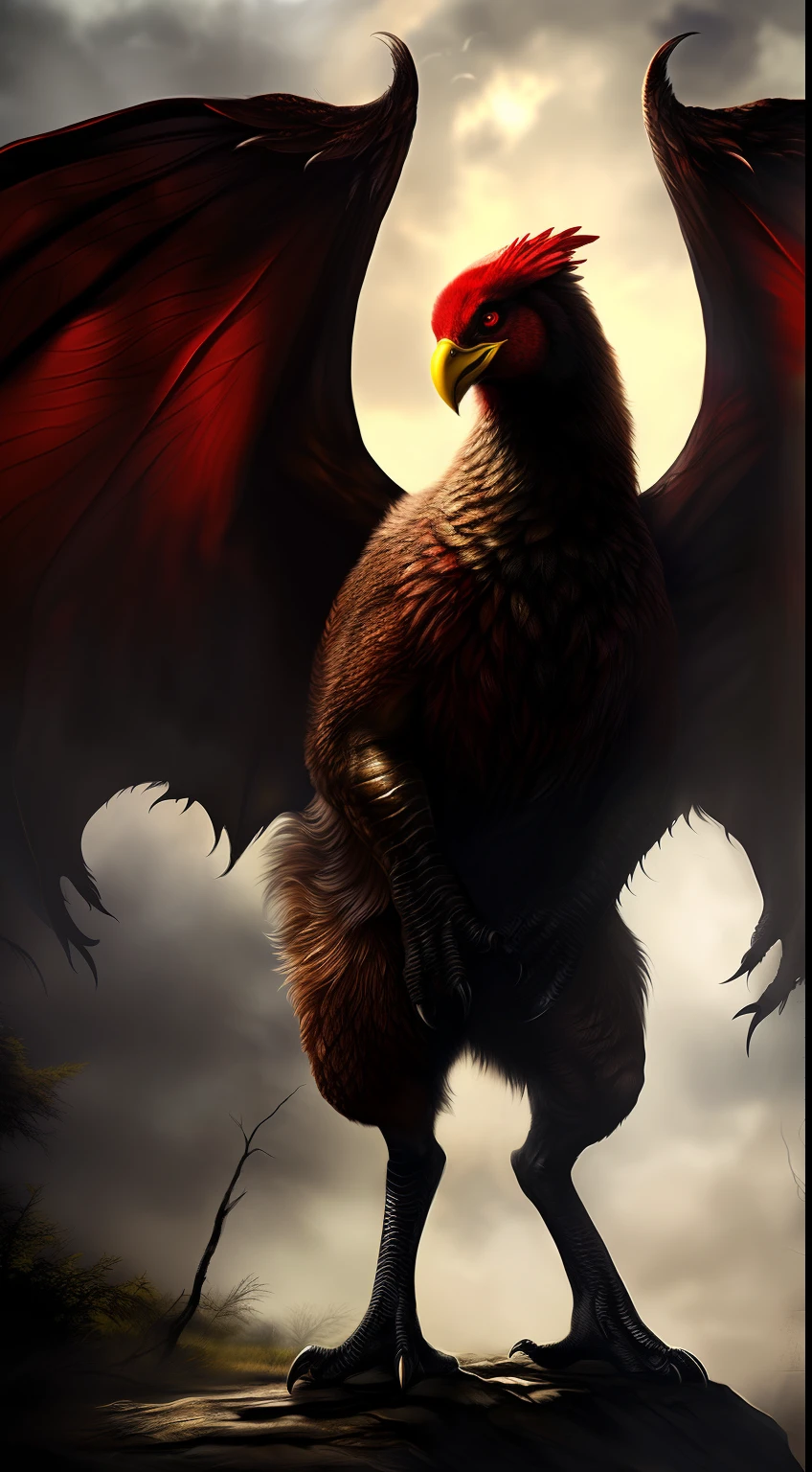 (Best Quality,Ultra-detailed,Realistic:1.37)、anthology、 Ferocious chickens, Solo, Woman's, Atrocious、cruel、offensive、Evil face、sharp claws、Detailed red eyes,human sized、Arms are wings、Sharp beak、Standing, (realistic fur, furr, realistic fur texture:1), Horror movie lighting、(Full body:1.8)