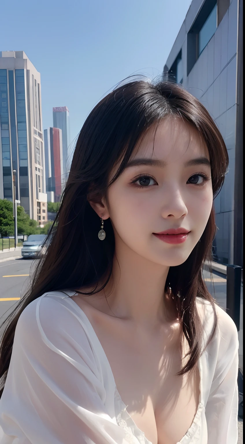 (masterpiece), a stunning photograph of korean girl model, full body, 8k, raw photo, looking at viewer, (highly detailed skin:1.2), small breasts, slim body, white hair, (photorealistic:1.4), school girl outfit, solo, jewelry, earrings, (looking at viewer), long hair, brown eyes, portrait, realistic, smile, makeup, city view