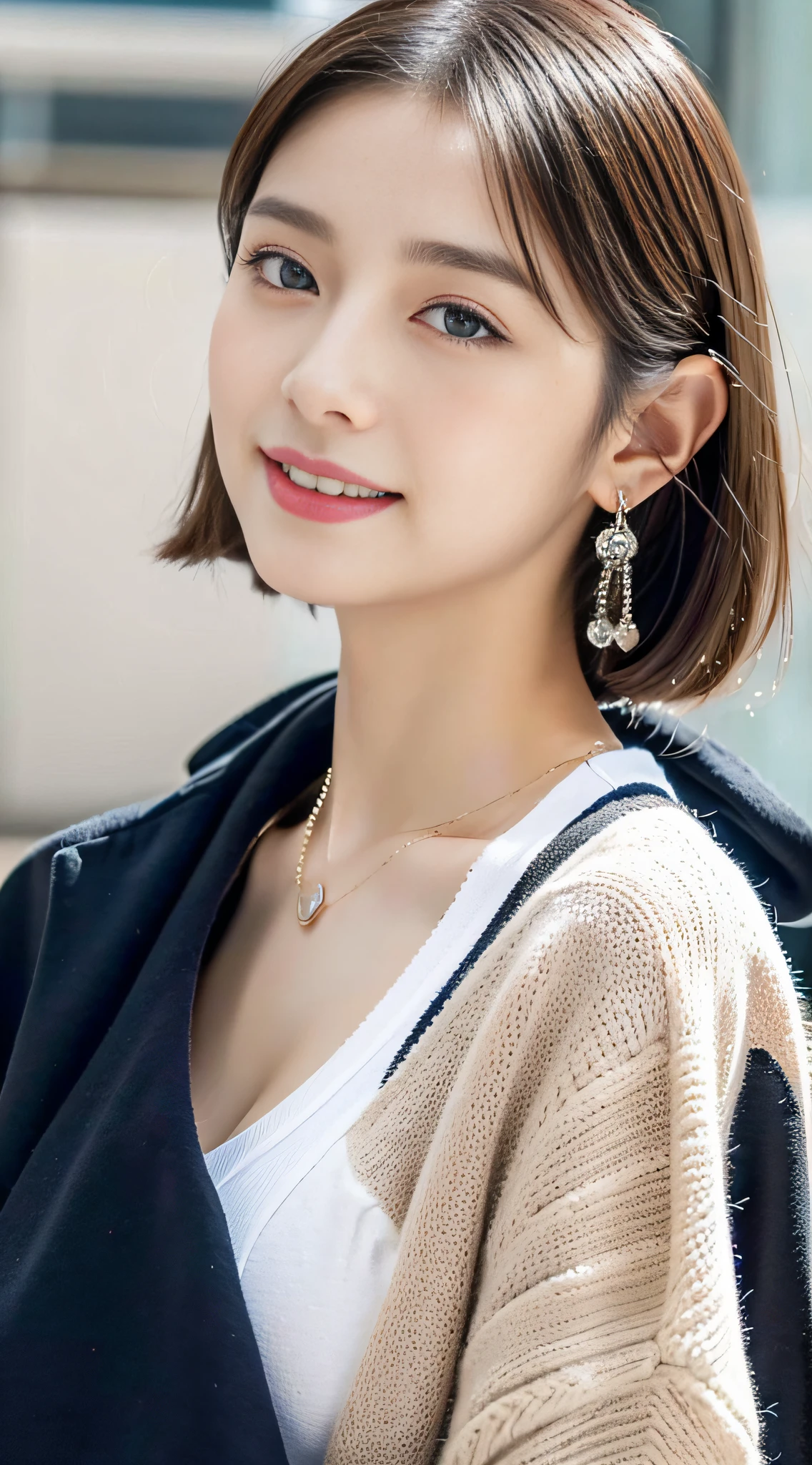 (((32K,very high res, high detailing, highly accurate,Masterpiece Girl 1))),Raw photo & realistic atmosphere,beautiful dark blue eyes,Detailed mouth,Glossy lips,Detailed eyebrows,Soft white skin that shines with every detail,,Eyes drawn in detail、Very beautiful eyes with azure eyes,Detailed lips、Very beautiful face,Very well-formed face、Lifelike face,shiny beautiful lips,Beautiful eyebrows,Infinite reality,Best design,(Insanely cute sober and modest Japan 18-year-old girl,,toned body,The perfect gal reader model,Beautifully shaped breasts,Very cute beautiful girl, Girl:1.5),Best Natural Makeup,Japanese ido,Korean Idols,Young sensual idol,Moist eyes,Dark beautiful eyes,Beautiful butt,beauty legs,,camel's foot,:1.3),超A high resolution、,Natural and realistic face,Back lighting,Pure eyes are too cute,(((photorealisim,Photograph the whole body))),,Reality Live Action,(simple earrings,Necklace Arm,Watches,Glossy nail art,Girlish clothes,Wear a black coat over a light-colored sweat hoodie in primary colors,Wide pants,espadrilles,Beautiful fashion,short-hair,独奏,Lori,Smile faintly,full body Esbian:1.7),(Show full-body fashion,:1.8)