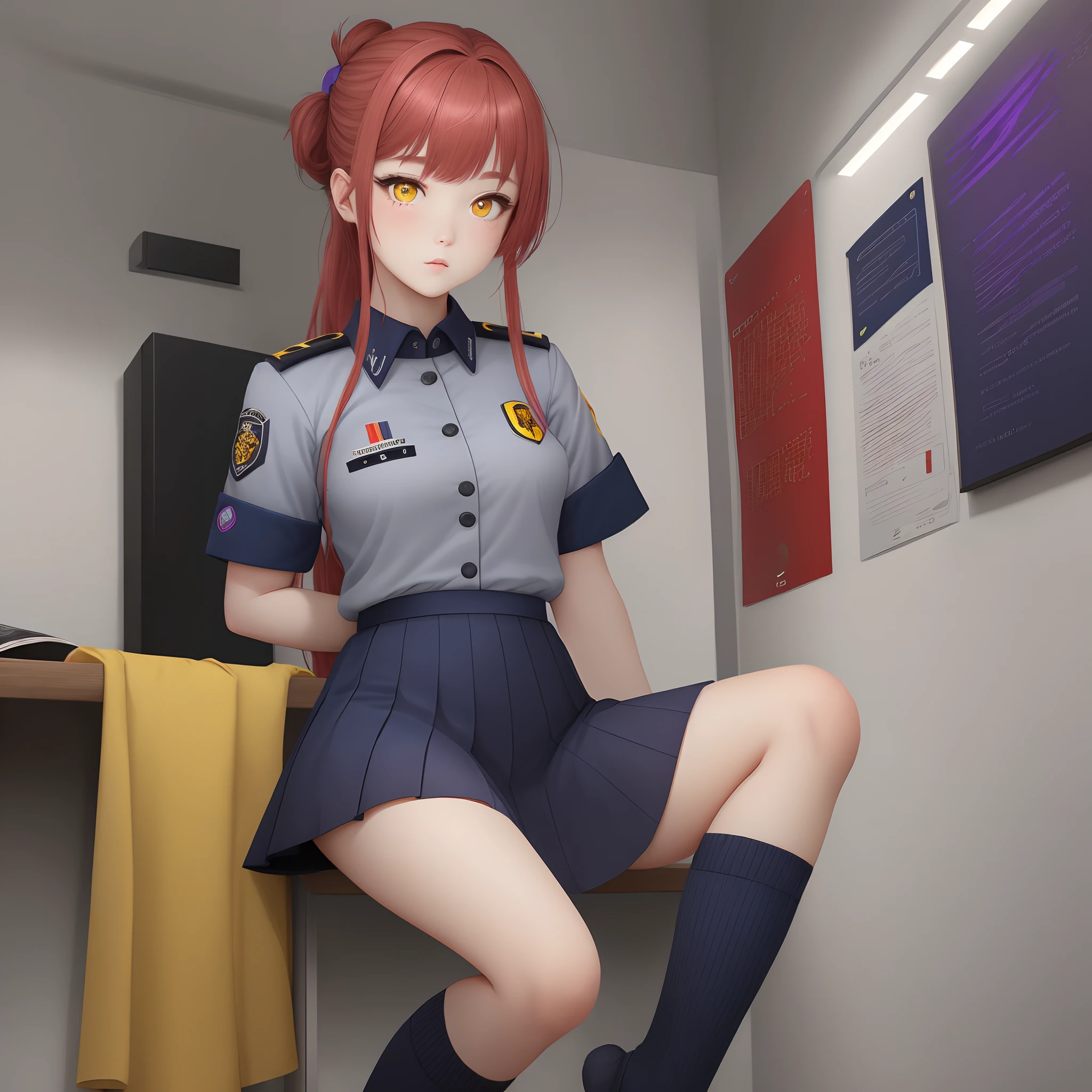 Half gray and red hair, dark blue female uniform, black skirt, gray socks, purple and yellow pupils