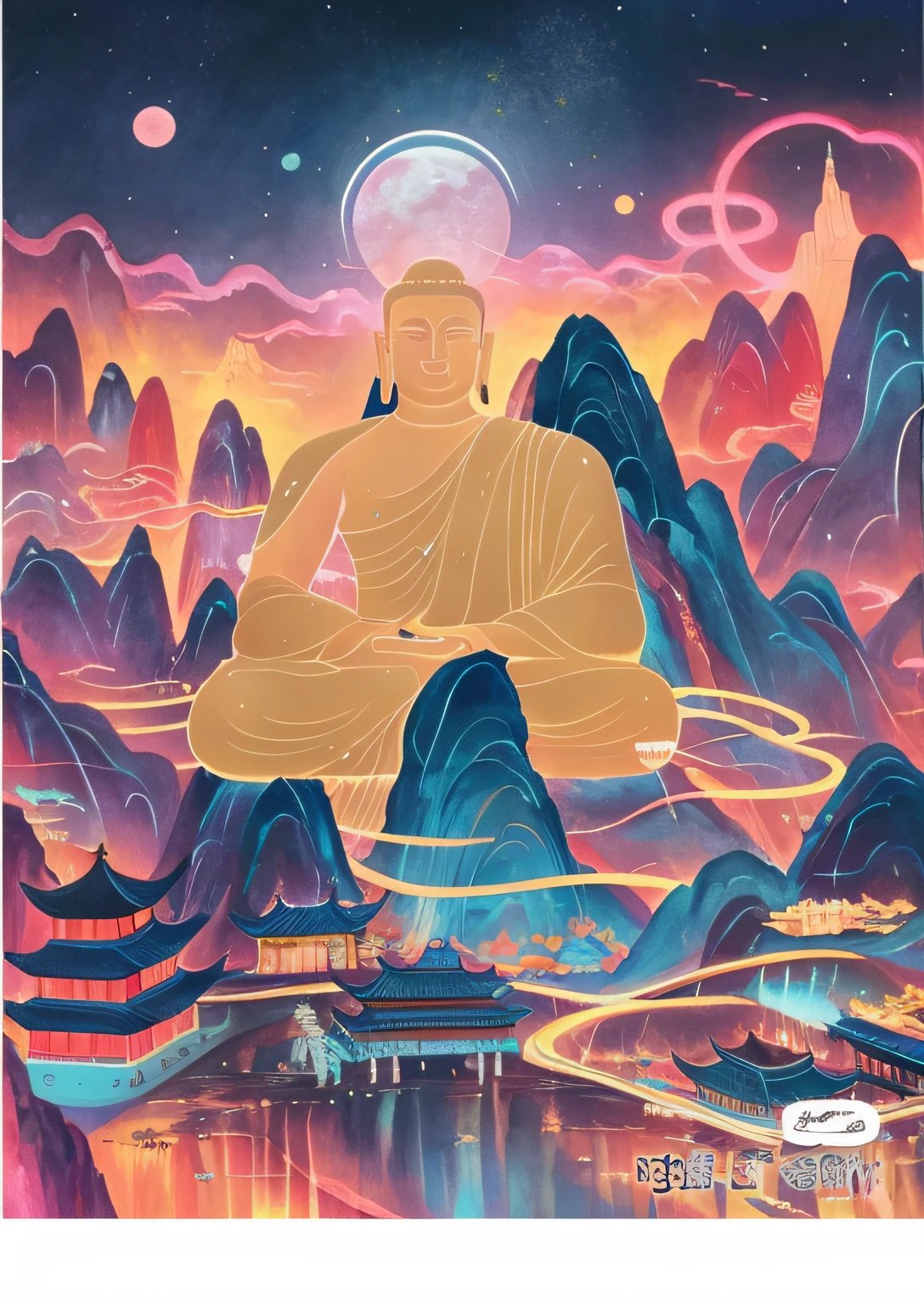 In the middle of the mountain there is a large Buddha statue of Yungang Grottoes in Shanxi,In the mountainous landscape of the full moon,A Buddha image is painted in the middle of the mountain, Brighten the Buddha statue color
