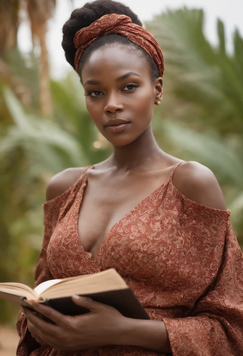 film grain, photographed with a Sony a9 II Mirrorless Camera, analog style, beautiful, masterpiece, best quality, aamari, a woman with elegant dress is looking at the camera, very dark skin, books at background, extremely detailed face, bust shot, perfect lighting --auto
