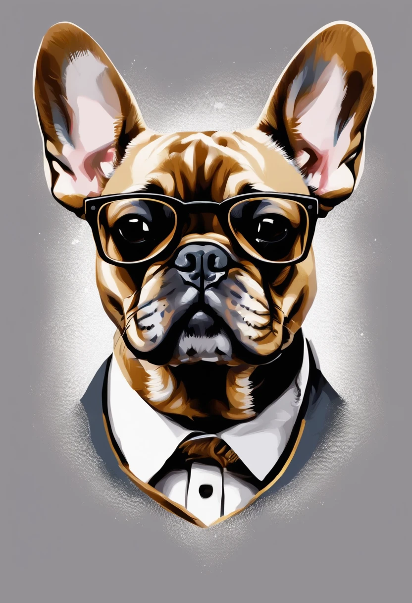 Perfect centralization, Cute French Bulldog, Use uma jaqueta da equipe de estudantes, wearing sunglasses, Usando fones de ouvido, alegria, Standing position, beleza abstrata, Centrado, looking at the camera, Facing the camera, Approaching perfection, Dynamic, altamente detalhado,  liso, foco nítido, 8k, alta resolução, illustration, arte de Carne Griffiths e Wadim Kashin, fundo branco