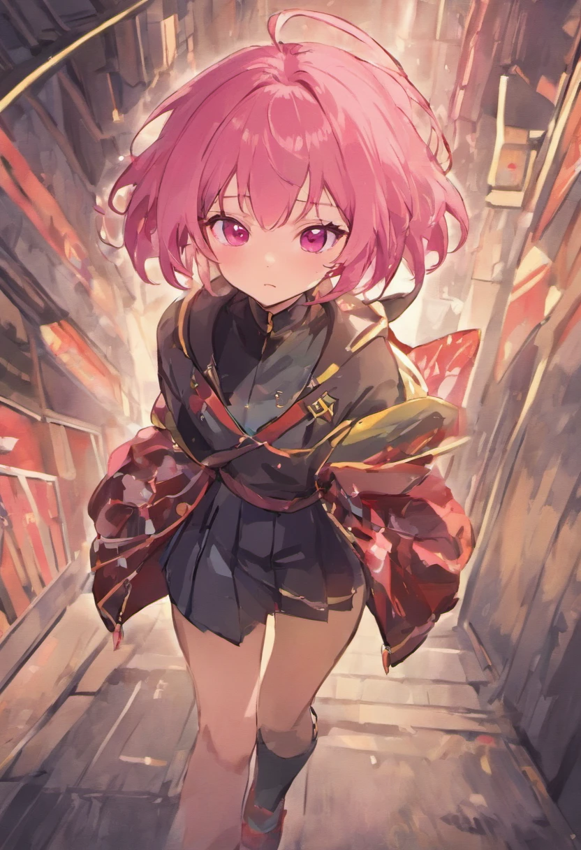 Akari is a young girl with medium short, wild pink hair and emerald green eyes. She is of average height and build, but she is very athletic and strong. Akari's usual outfit consists of a black polar neck, red plaid kilt, and black Dr Martin boots. Akari is a skilled martial artist and swordsman. Create her on a white background
