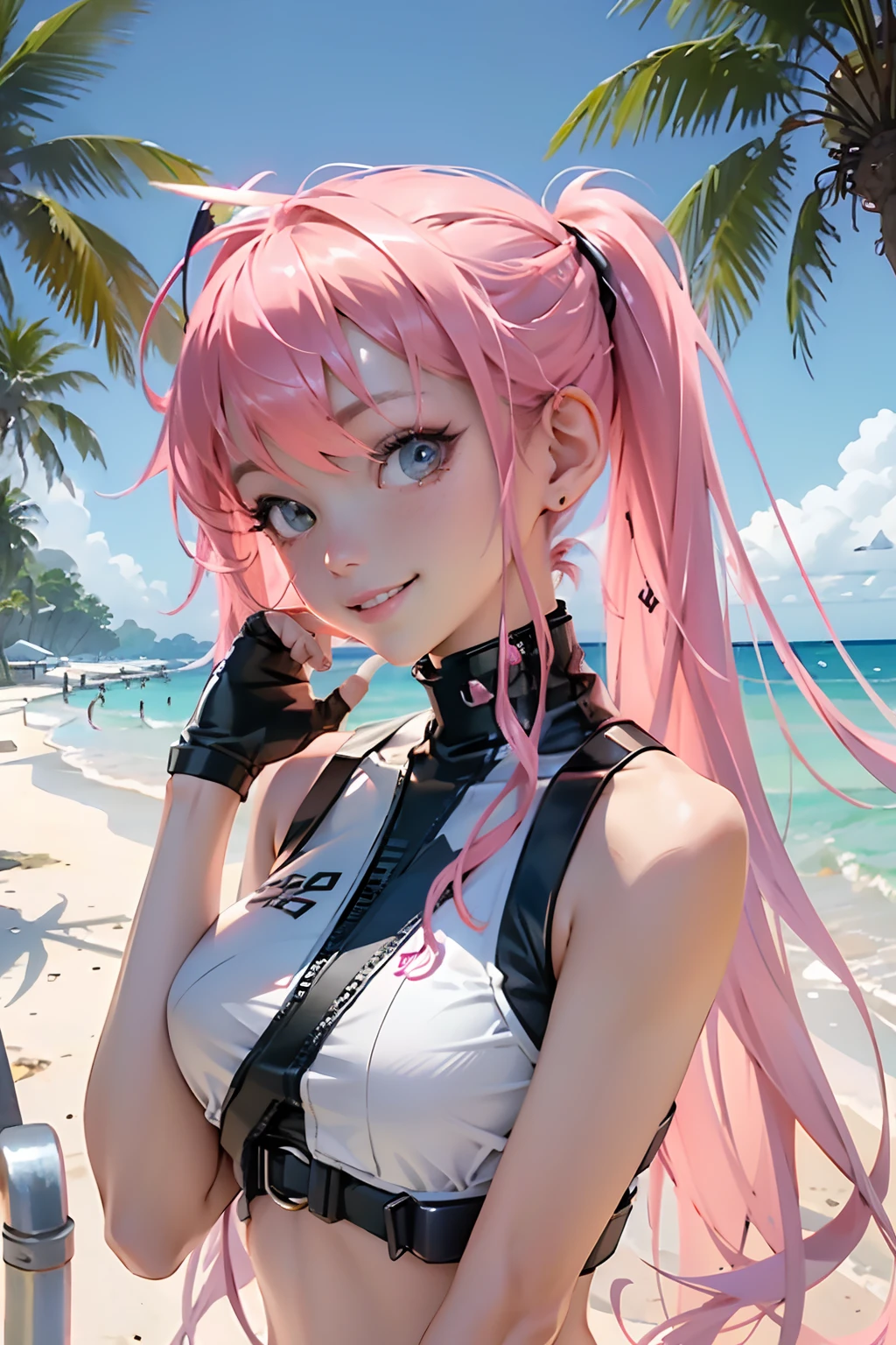 Beautiful woman pink twin tail long hair、cyberpunk style short clothes、gazing at viewer、front facing、sea side、Palm trees、ssmile、smiling at the viewer