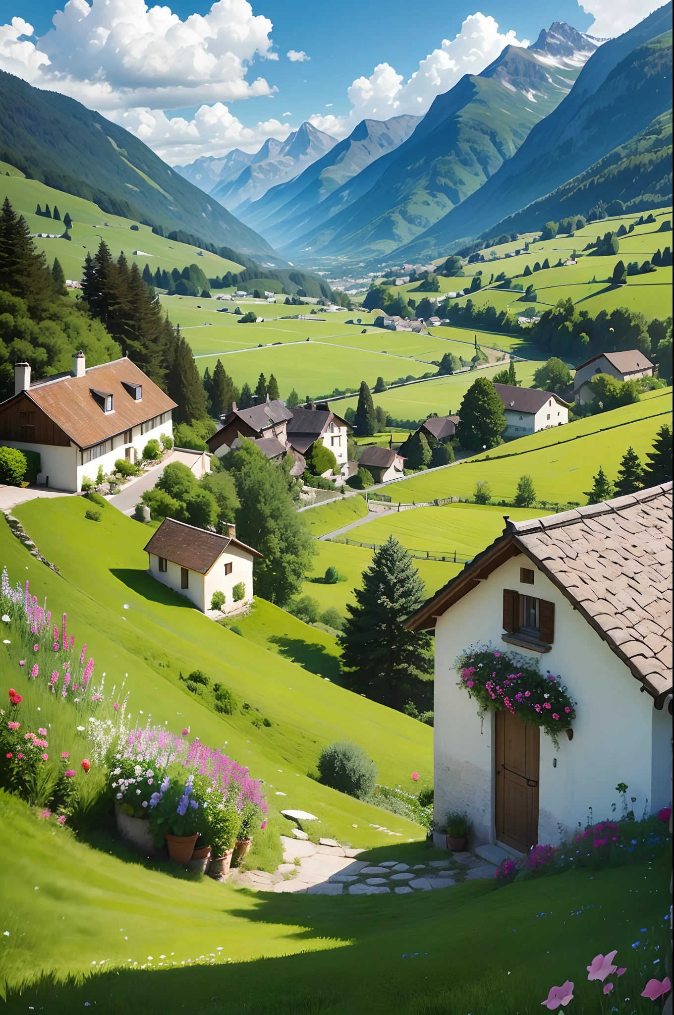 Peaceful and idyllic countryside, Rolling green hills dotted with grazing sheep, Charming villa,Set amidst vibrant flowers, Clear blue sky overhead, Evokes a sense of peace and simplicity, Valle encantador, switzerland, patches of green fields, lush countryside, Valle exuberante,An idyllic village in Milan,,verdant green fields,above a village,Rolling terraces,Colorful garden of flowers and plants,Alpine scenery in the Swiss countryside under the Alps,Carl Sessel Bern,Majestic nature, Swiss architecture, lindo cenario, rios,waterfallr