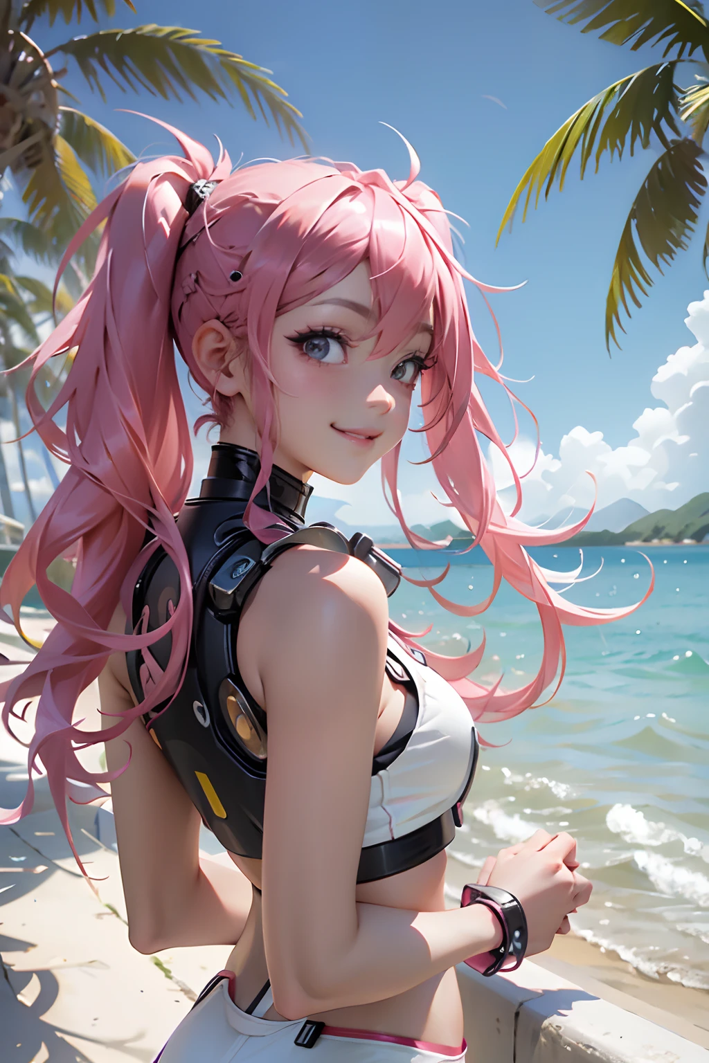 Beautiful woman pink twin tail long hair、cyberpunk style short clothes、gazing at viewer、front facing、sea side、Palm trees、ssmile、smiling at the viewer