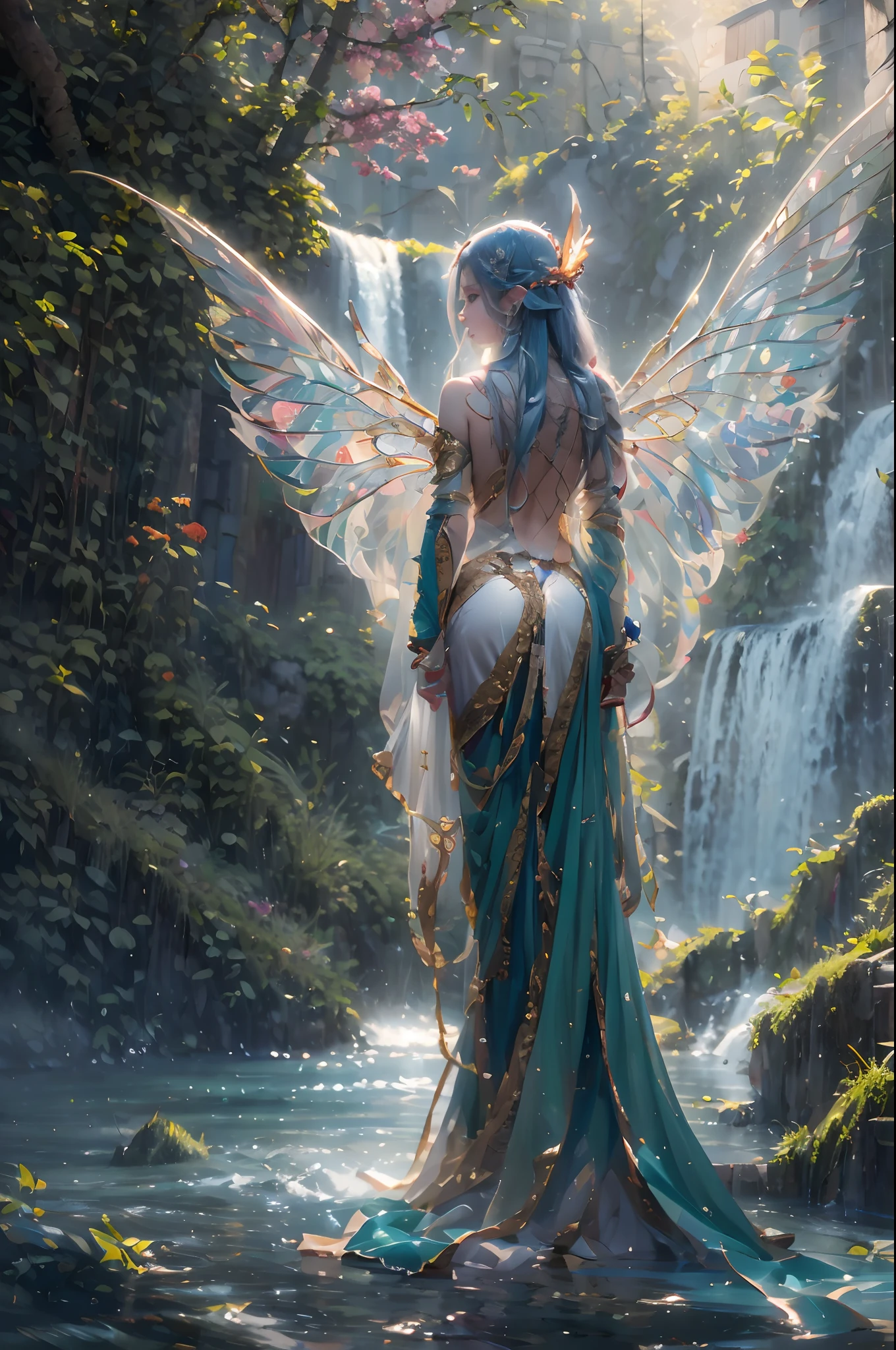 ( Absurd, High quality, Ultra-detailed, Masterpiece, concept-art, smooth, high detail artwork, Hyper-realistic painting ) , elf, Plum elf, plum , Transparent fairy wings, huge tit，low chest，fairytale-like, Romantic, Vivid, Whole body,hand behind back，Malu，In nature with waterfalls，PureErosFace_V1，Urzang-6500-V1 Edition.1，