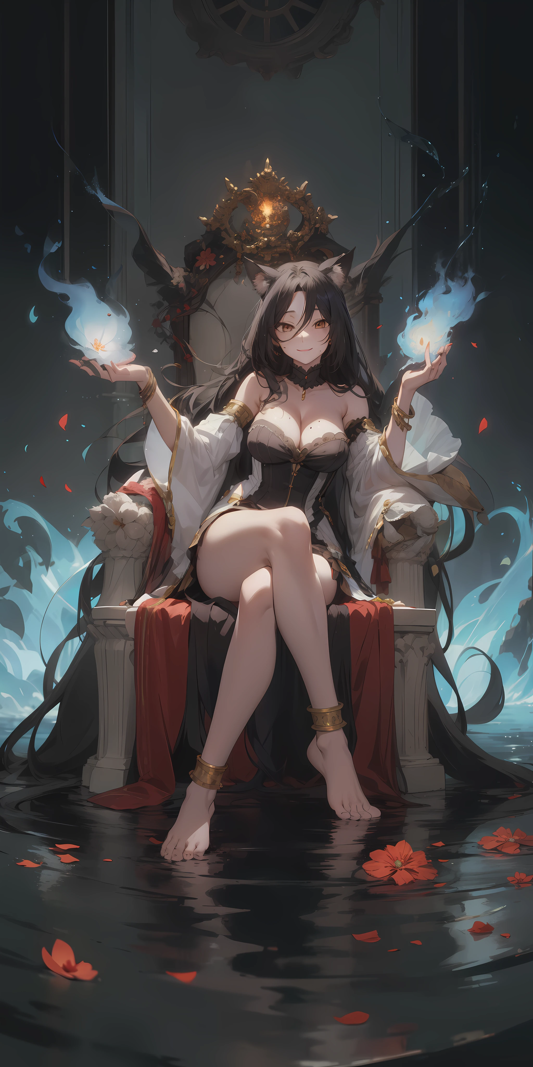 dominique_de_sade, (black hair, long hair, brown eyes:1.4), , forehead,breasts, jewelry, 1girl, black_hair, long_hair, solo, anklet, sitting, cleavage, detached_sleeves, barefoot, bare_shoulders, bracelet, animal_ears, water, large_breasts, looking_at_viewer, smile, dress, hair_ornament, magic, fire, flower, very_long_hair, full_body, mole, wide_sleeves, bangs, feet, medium_breasts, thighs, petals, crossed_legs