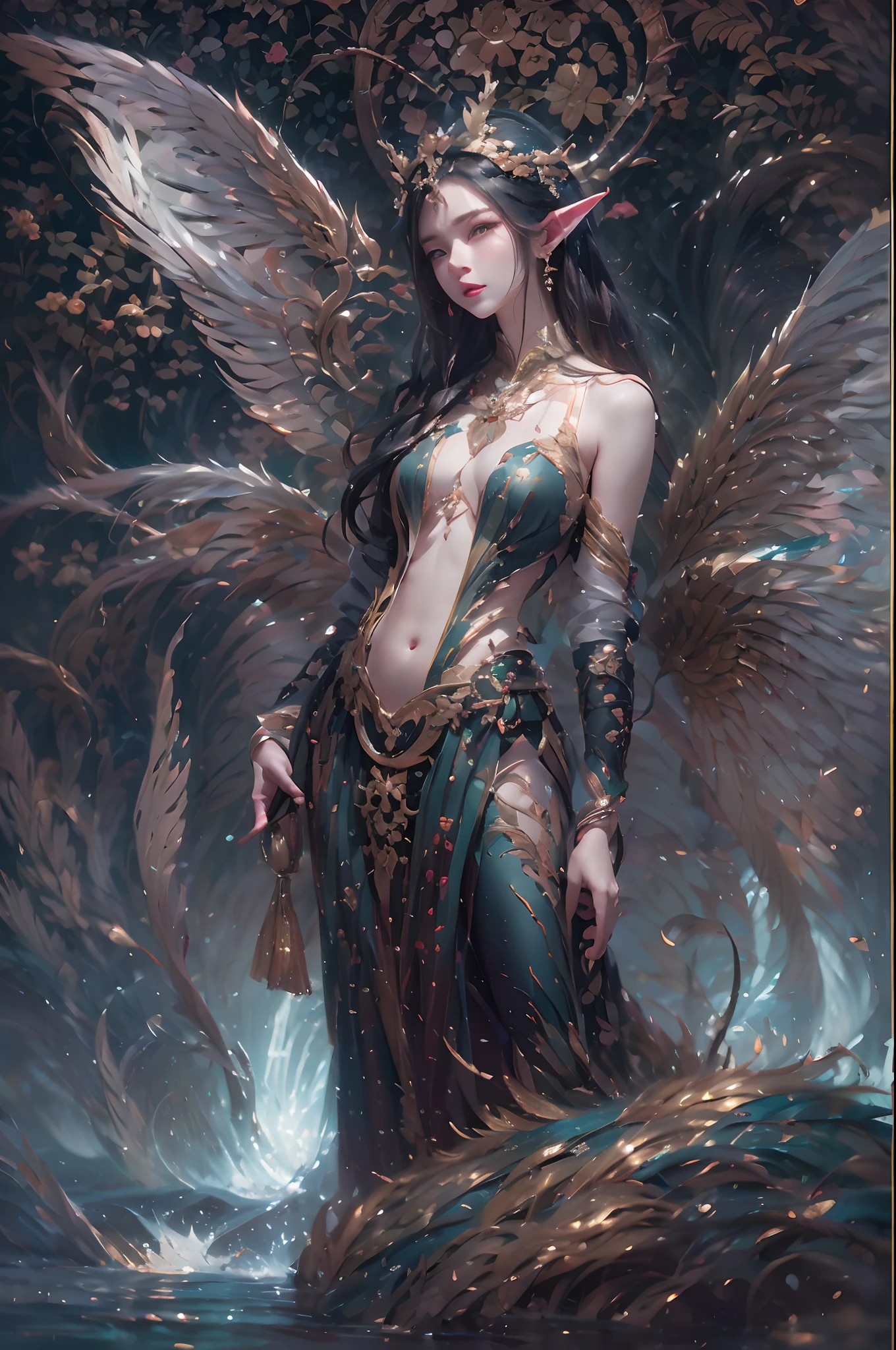 ( Absurd, High quality, Ultra-detailed, Masterpiece, concept-art, smooth, high detail artwork, Hyper-realistic painting ) , elf, Plum elf, plum , Transparent fairy wings, huge tit,low chest,fairytale-like, Romantic, Vivid, Whole body,hand behind back,Malu,In nature with waterfalls,PureErosFace_V1,Urzang-6500-V1 Edition.1,