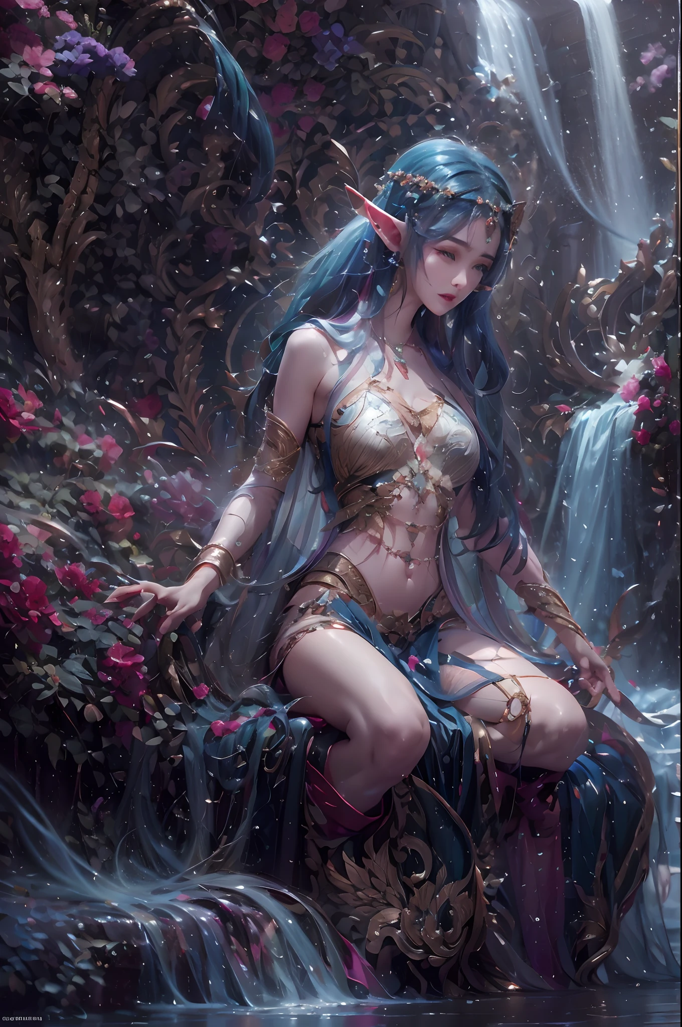 ( Absurd, High quality, Ultra-detailed, Masterpiece, concept-art, smooth, high detail artwork, Hyper-realistic painting ) , elf, Plum elf, plum , Transparent fairy wings, huge tit，low chest，fairytale-like, Romantic, Vivid, Whole body,hand behind back，Malu，In nature with waterfalls，PureErosFace_V1，Urzang-6500-V1 Edition.1，