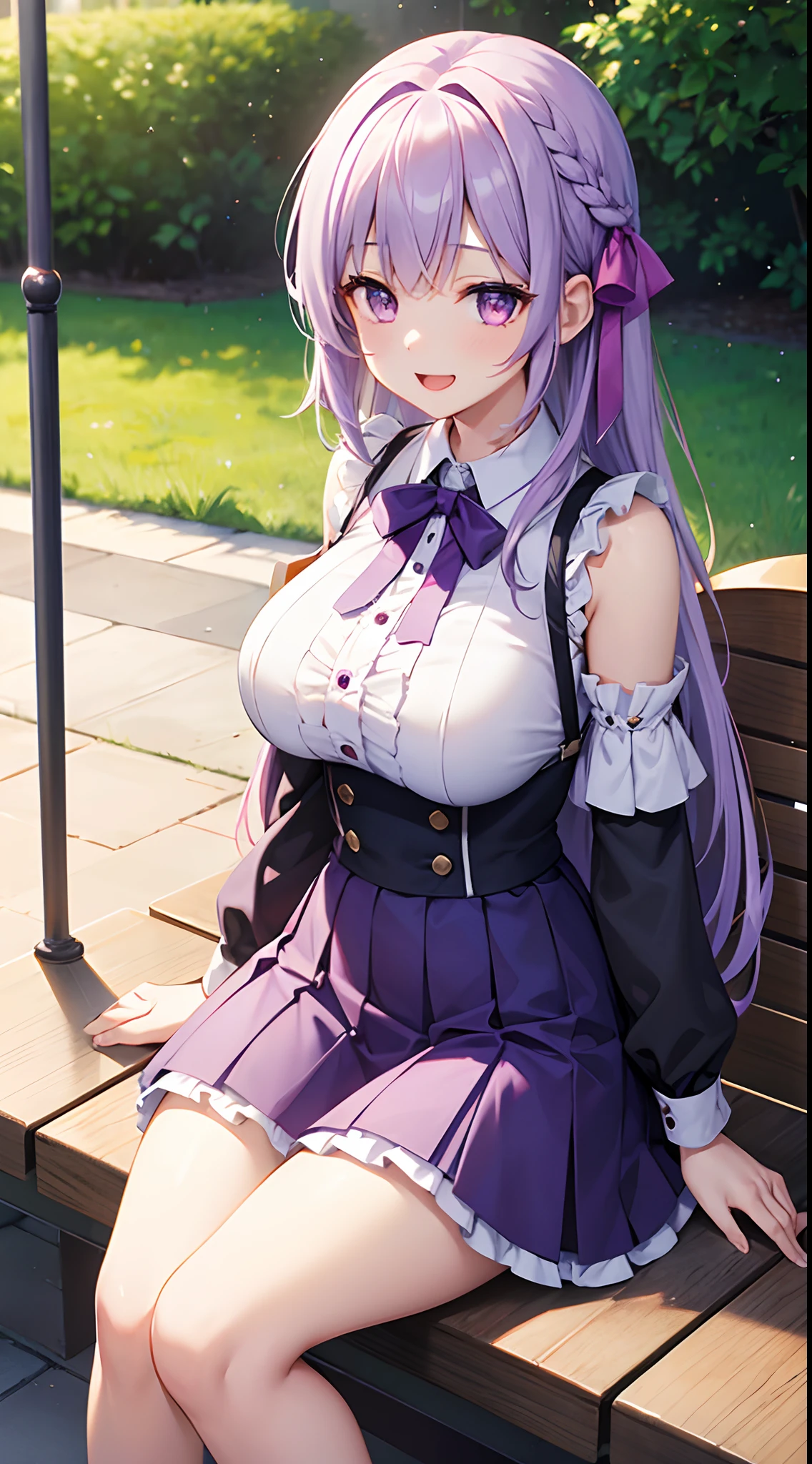 1 girl, game CG, frilled shirt, shoulders visible, short skirt, hair ribbon, gigantic breasts, light purple hair, long hair, french braid, purple eyes, park, smile, open mouth, sit,