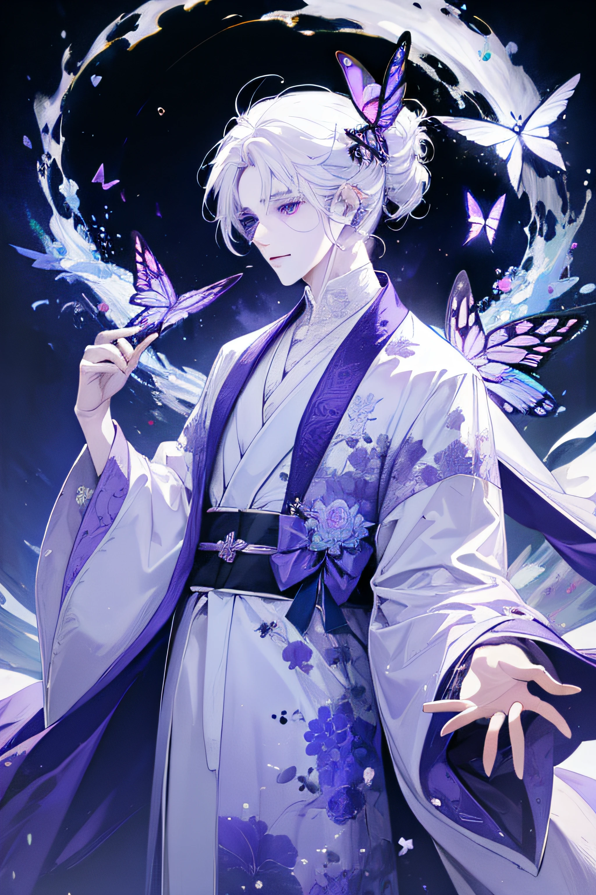 White-haired fairy,cool guy,purple robes,Hair flutters,butterflys,Purple eye,gentleness