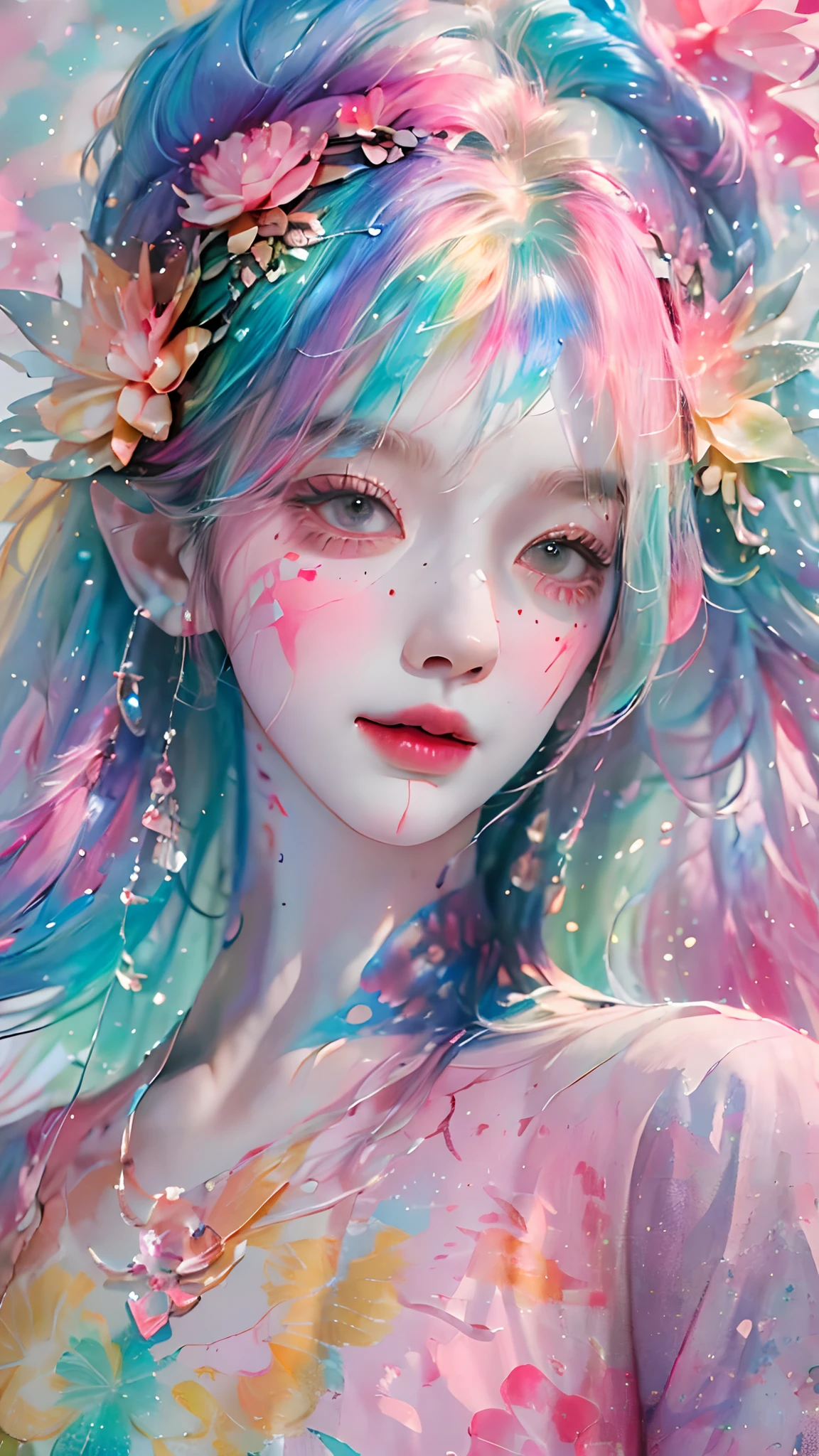 (Masterpiece, Best quality, high resolution), Lotus background, ((paint splatter, colored splashing, Splash of Ink, colored splashing)), ((Sweet Chinese girl, Rainbow hair)), Pink lips, Front, Full body photo,Lotus in the background, Lotus flowers in the water,ssmile，pureerosface_v1，ulzzang-6500-v1.1，