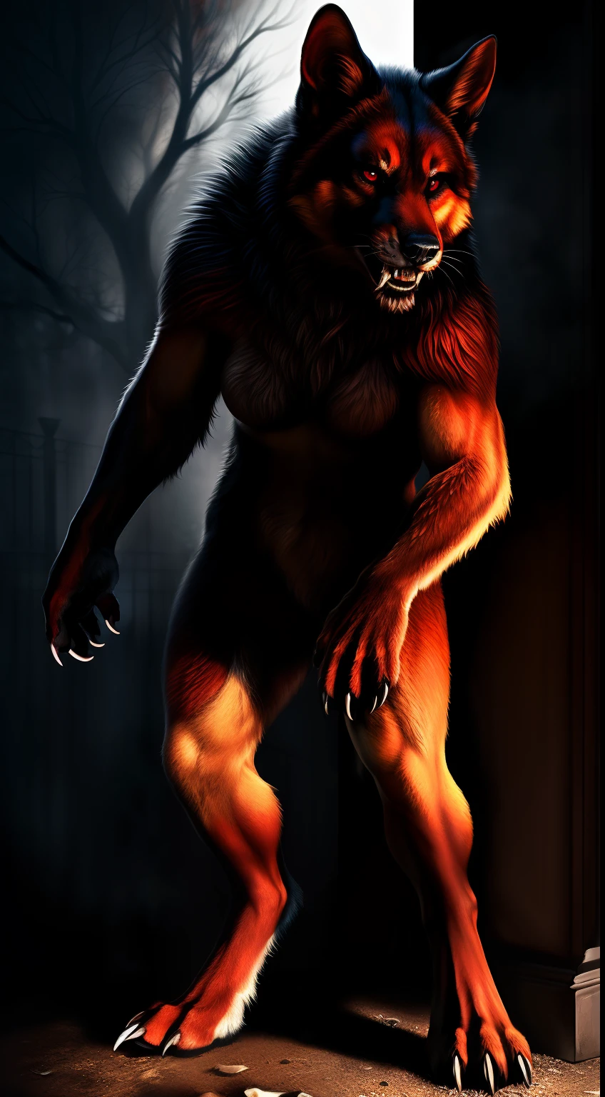 (Best Quality,Ultra-detailed,Realistic:1.37)、anthology、 Ferocious Monkey、 Solo, Woman's, Atrocious、cruel、offensive、Evil face、sharp claws、Detailed red eyes, Standing,long tail、alien symbiote,brown furry body、 Horror movie lighting、(Full body:1.8)