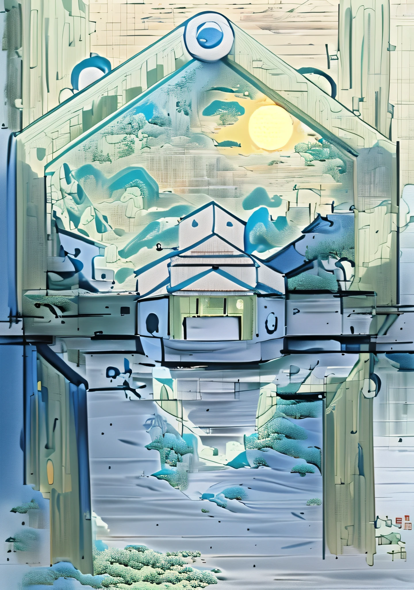 high qulity，Green color scheme，The color scheme is bright，Hui Pai，Refinement，Main Suzhou building，lichen，Super rich detail，Multiple buildings in the back，Mountain clouds in background，Super rich detail，Color the circles，Enrich the surrounding colors，The color is clean，Reflection of the water below，Technologie，Bottom blank