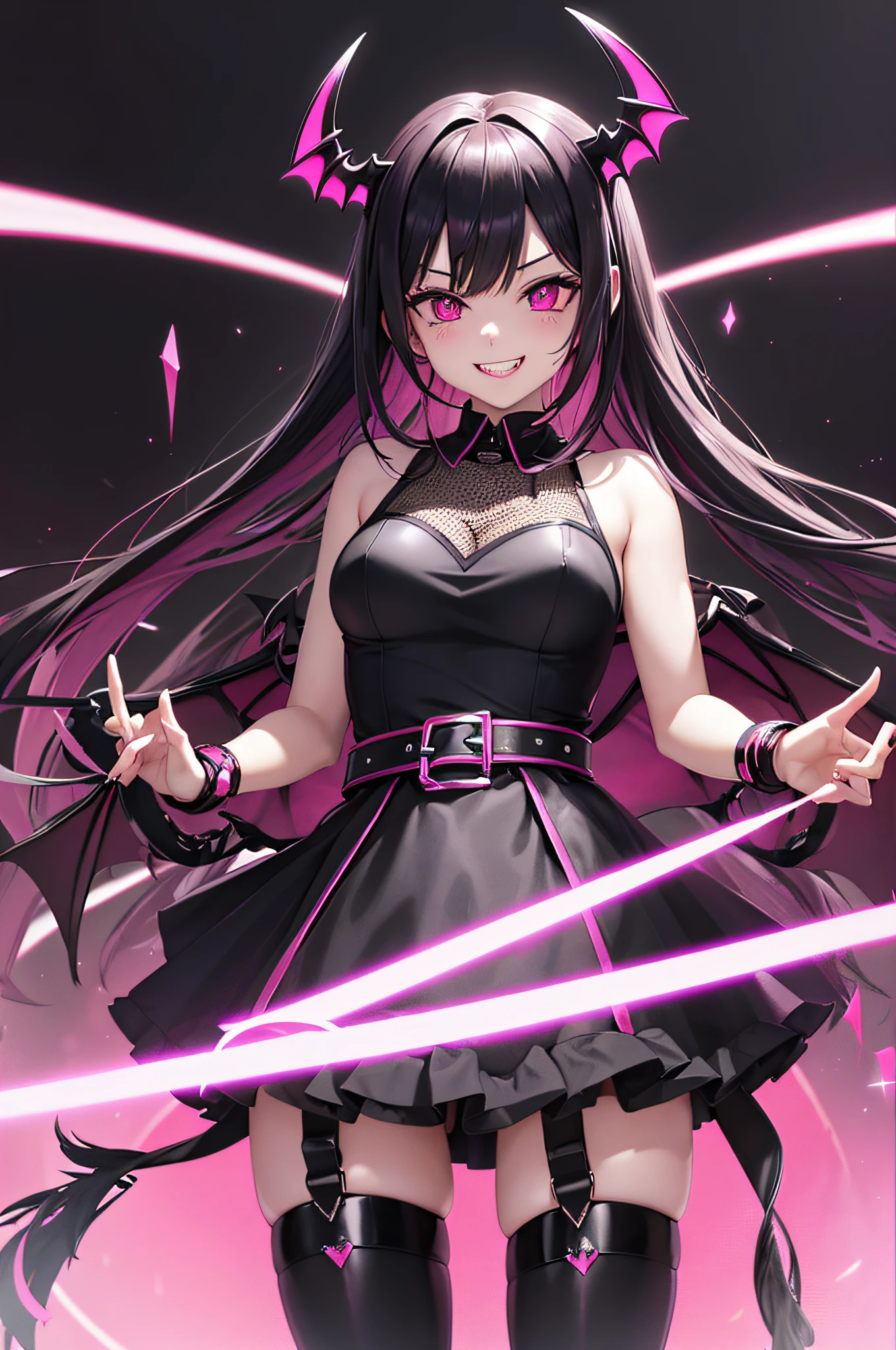 Diabolical kawaii Pink mesh with black hair Pink eyes demon realm animesque Sauce order Fantastic background hightquality garterbelts Beautuful Women top-quality student clothes Devil's Wings a smile double tooth canine teeth
