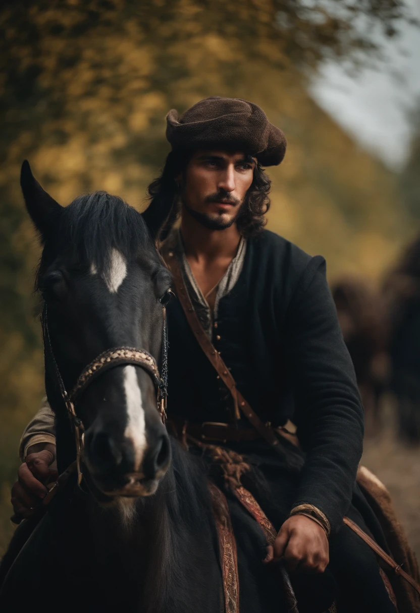 medieval Hungary, young gypsy man, black horse
