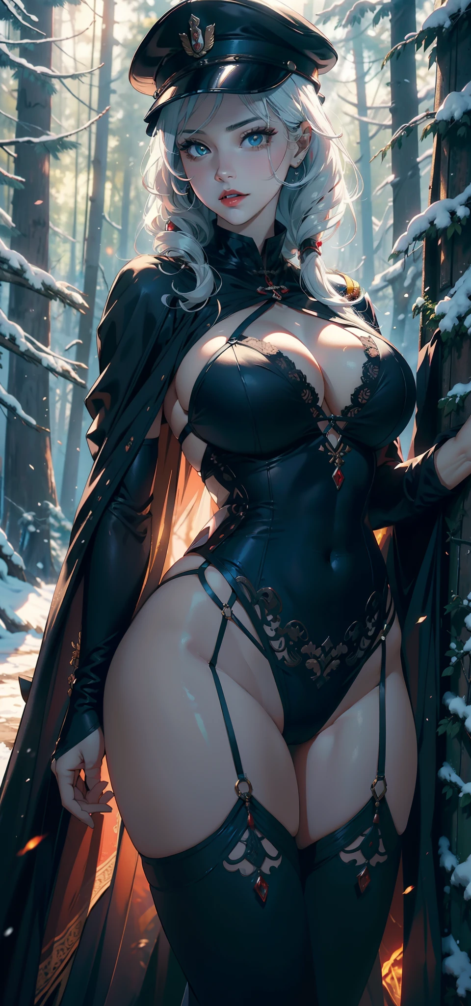 1female,41 years old,熟妇,A MILF ,Married Woman, mature,plumw,extremely large bosom ,Pornographic exposure, 独奏,(Background with:stunning view,ln the forest,city ruins,There is a lot of war)Snow-white skin, She has short white hair,Stand deep in the forest,seen from the front, hair straight,(((tmasterpiece),(Very detailed CG unity 8K wallpaper),best qualtiy,cinmatic lighting,detailed back ground,beatiful detailed eyes,Bright pupils,Redlip(Very fine and beautiful),(Beautiful and detailed eye description),ultra - detailed,tmasterpiece,)),facing at camera,A high resolution,ultra - detailed),revealing breasts,Bare genitalia, Bulge,legs are open,Raised sexy,Camel toes,Flushed complexion,Soviet soldiers,frontage,military hat(Wearing:in dark green cape,Black tights)