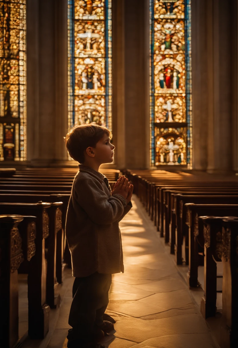 A young boy with innocent eyes, dressed in humble attire, kneeling in a grand cathedral, his hands clasped together in prayer. Rays of soft sunlight pour through stained glass windows, casting a gentle, ethereal glow on the boy's face. The intricate details of the church's architecture, from the ornate pillars to the delicate carvings, create a sense of reverence and awe. The boy's expression exudes deep faith and devotion, as he seeks solace and guidance from Jesus in this sacred space.