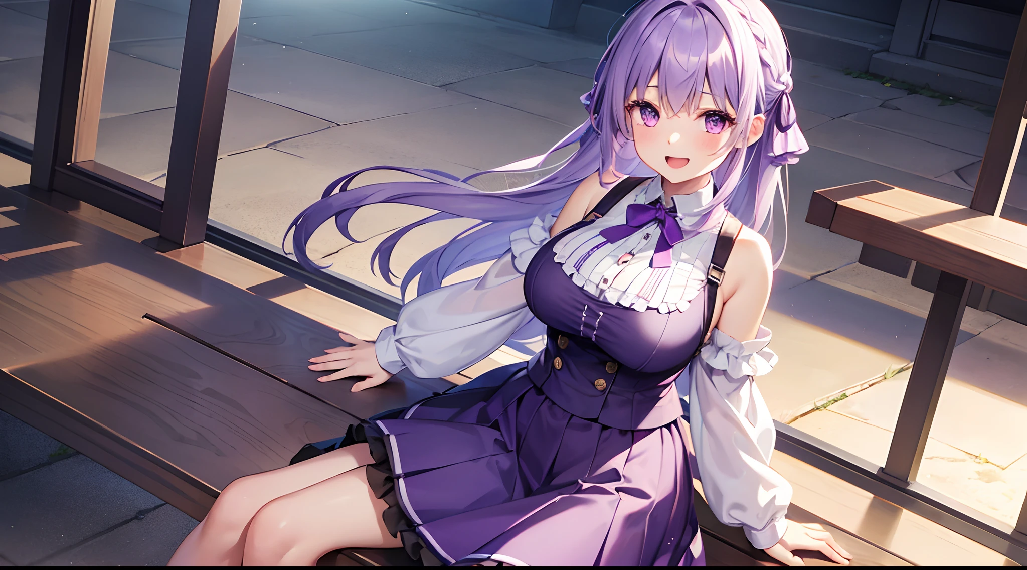 1 girl, game CG, frilled shirt, shoulders visible, short skirt, hair ribbon, gigantic breasts, light purple hair, long hair, french braid, purple eyes, park, smile, open mouth, sit,