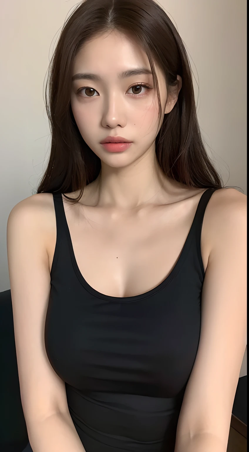 ((mid night、top-quality、8K、masterpiece:1.3)), full body Esbian, long legged, foco nítido:1.2, Beautiful woman with perfect body shape:1.4, Slender Abs:1.1, ((dark brown hair、tits out:1.2)), (Black tank top, is standing:1.2), ((shores、mare:1.3)), Highly detailed facial and skin texture, A detailed eye, 二重まぶた