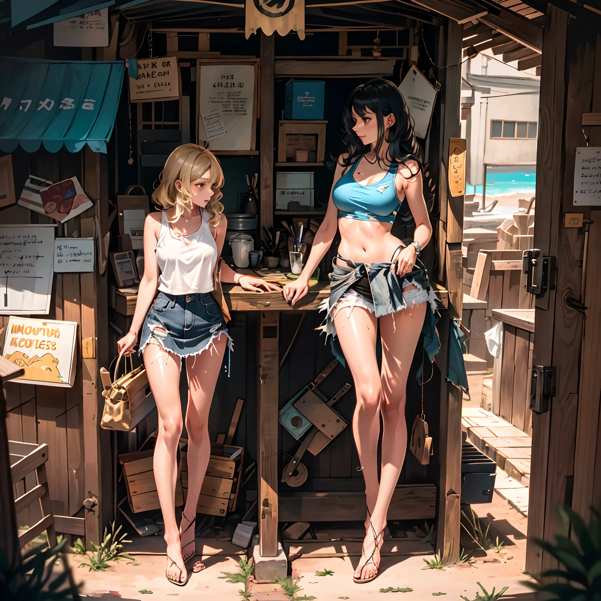 Realistic, The 2 girls looked at each other, Long shot, 1 ite short woman (standing) in a bikini, Long hair, Barefoot, 1 Miniature giantess Miniguete woman (Feminine, Thin figure, Sexy, Torn clothes, Sweat), (Medium breast: 1.5) Looking down, Dynamic pose, in a tank top, A scene involving two women, Pay attention to height differences, couple, Skirt, Excited face (Highly detailed skin), Detailed face, 8K UHD, Soft lighting, High quality, full-body portraits.