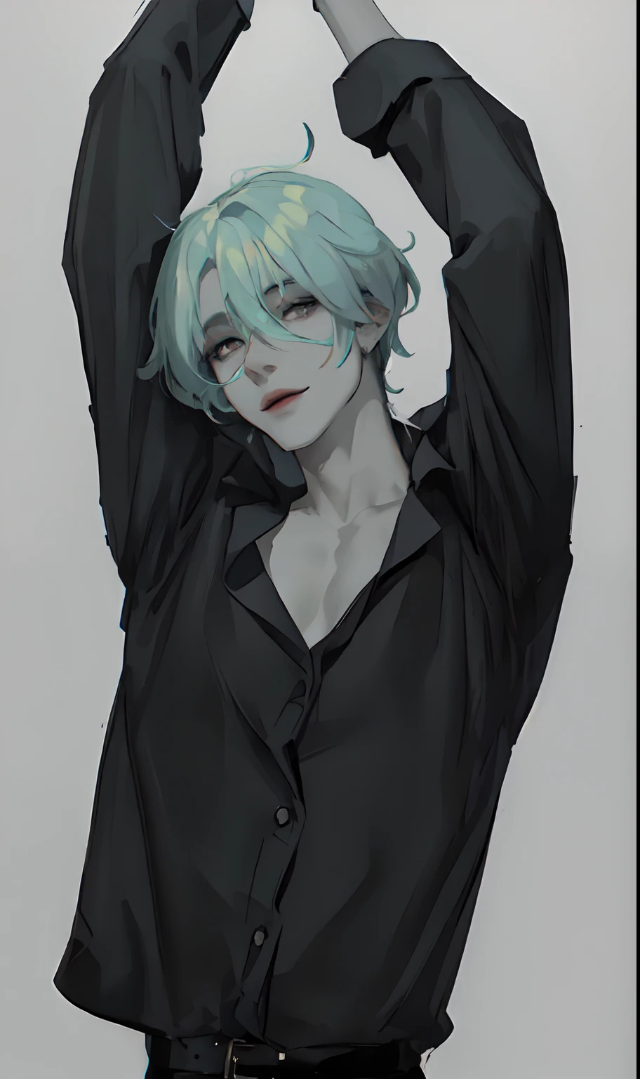 white hair, colorful pattern shirt, handsome guy, white skin, beautiful androgynous prince, masterpiece, well drawn, detailed, intrincate details, male, seductive smile, enticing, friendly