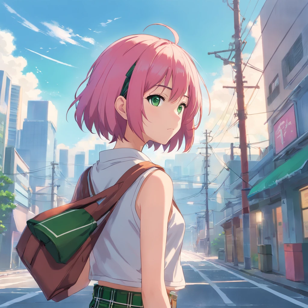 Akari is a young girl with medium short, wild pink hair and emerald green eyes. She is of average height and build, but she is very athletic and strong. Akari's usual outfit consists of a black polar neck, red plaid kilt, and black Dr Martin boots. Akari is a skilled martial artist and and carries a katana on her back. Create her on a white background
