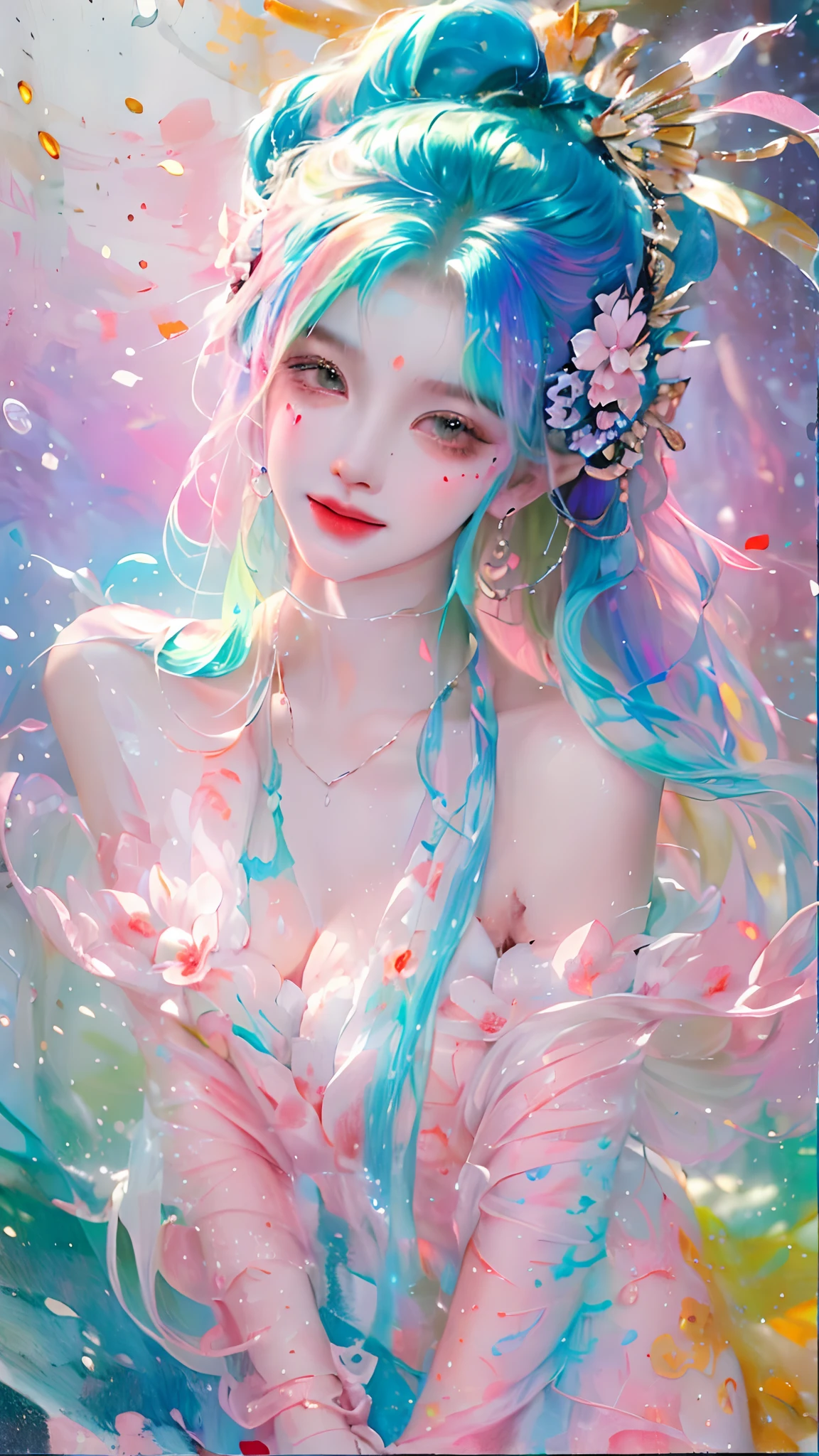 (Masterpiece, Best quality, high resolution), Lotus background, ((paint splatter, colored splashing, Splash of Ink, colored splashing)), ((Sweet Chinese girl, Rainbow hair)), Pink lips, Front, Full body photo,Lotus in the background, Lotus flowers in the water,ssmile，PureErosFace_V1，Urzang-6500-V1 version.1，