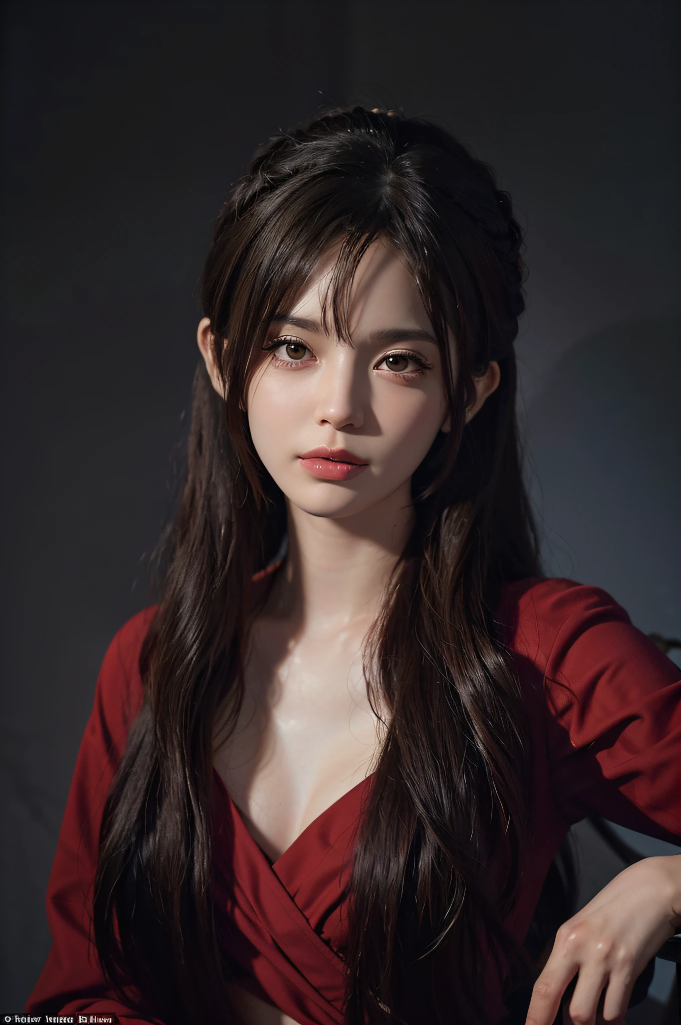 (Front focus),(in the darkness nigth:1.1),Surrealist portraits of women by David Hockney and Alphonse Mucha,Fantasyart,photographrealistic,动态照明,artstation,poster for,Volumetriclighting,Very detailed faces,4 k,Award-Awarded, 1girl, in the dark, deep shadow, low key, cowboy shot, long whitr hair, Dark red clothes,Frontal ahead,Look towards the camera,