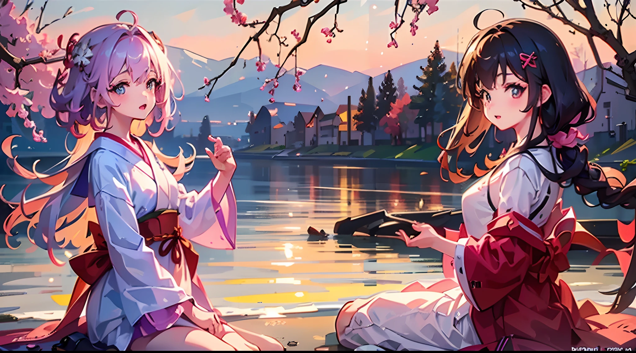 (Best Quality,4k,8K,hight resolution,Masterpiece:1.2),Ultra-detailed,(Realistic,Photorealistic,photo-realistic:1.37),anime girl,Standing under cherry blossoms,Falling petals,illustartion,Sakura,Anime style,soft colors,soft-lighting,beautiful detail eyes,beautiful detailed lips,hairsh, fluttering in the wind,blush on cheeks,cute expression,Traditional Japanese clothing,Natural surroundings,serene atmosphere,Peaceful environment, purple hair color, brown eye, Beautiful sunset, The Setting Sun, five fingers, two arms, two arms, Without inscriptions