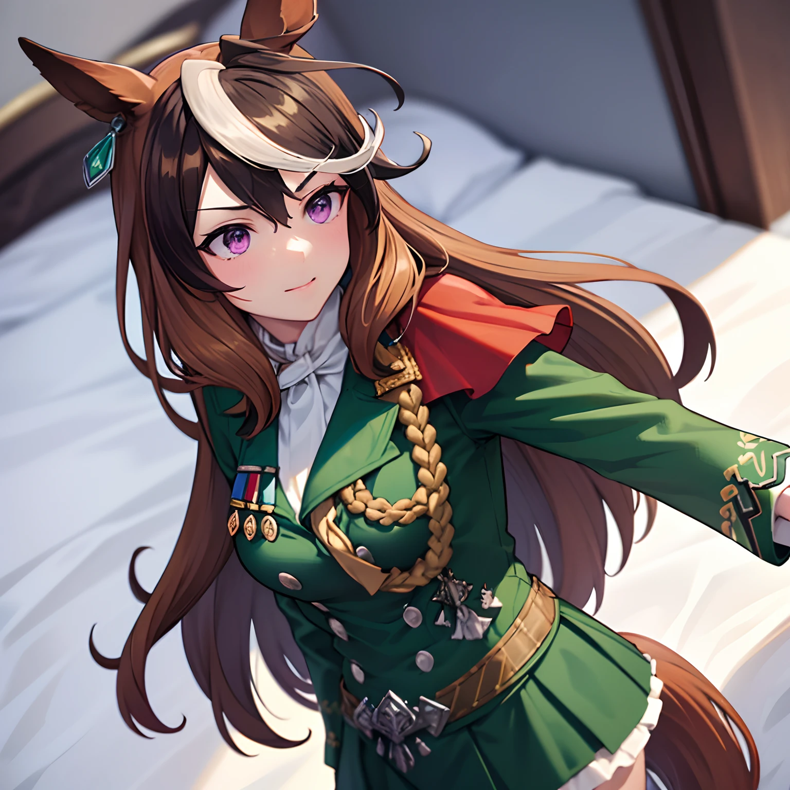 「​masterpiece,top-quality,a closeup,Face Shots,(symboli rudolf) _(Umamusume), 1girl in,Animal ears ,Horse ears , Horse Girl ,Horse tail,masutepiece, Best Quality,Brown hair, Long hair, Purple eyes, green coat,Green Military Jacket, Green skirt, {{Black Bang Color}},epaulette, red cape,Decoration code, knee sox,18year old」