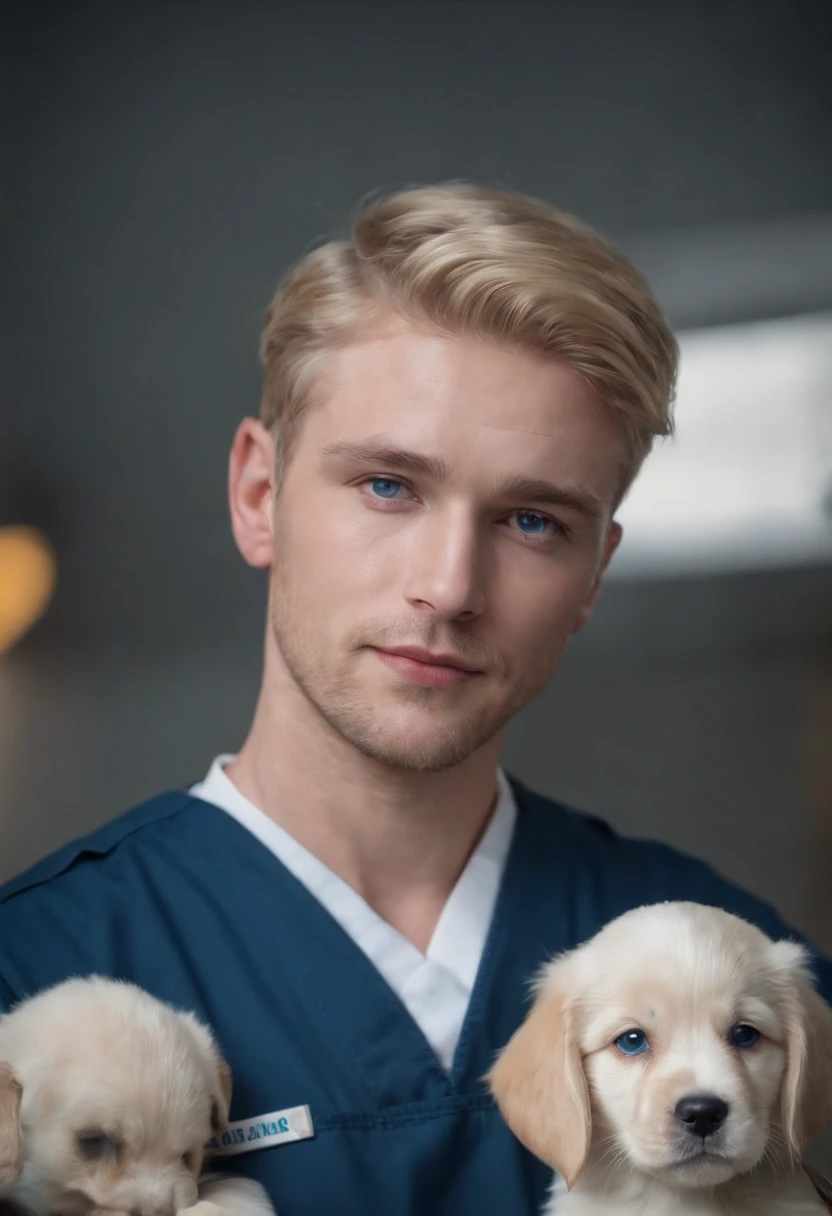 A 30 year old man with blonde hair and blue eyes with puppy ears wearing a paramedic uniform