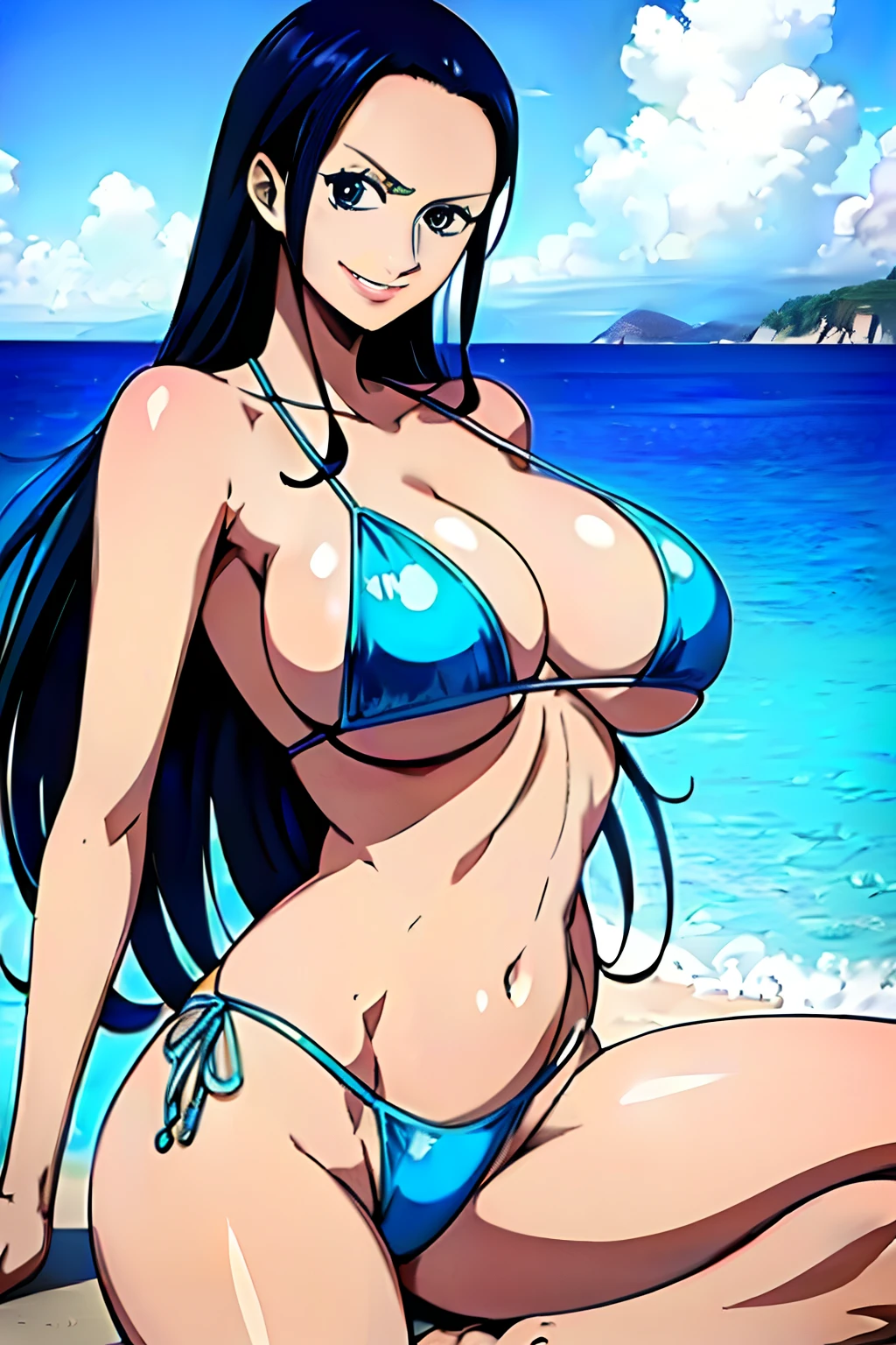Nico Robin from One Piece wearing a tight white bikini and smiling, Correct body posture, shiny skin, puffy red lips, blue eyes, showing the ass, big ass, big boobs, best quality.