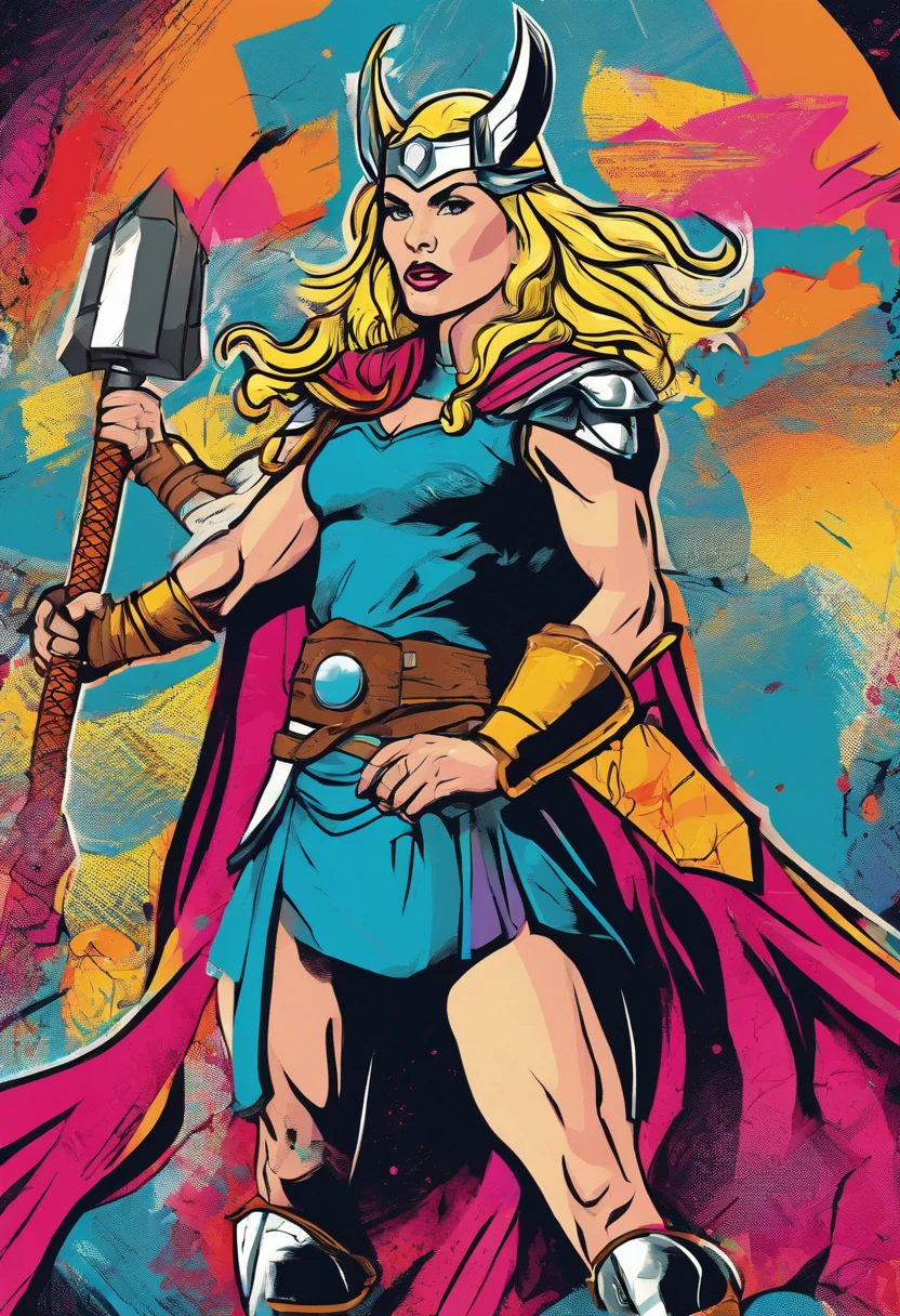 (best quality,4k,8k,Altas,master part:1.2),ultra-detalhado,realistic Traditional comic pop art a female thor waifu with the electric hammer current Mjölnir thors