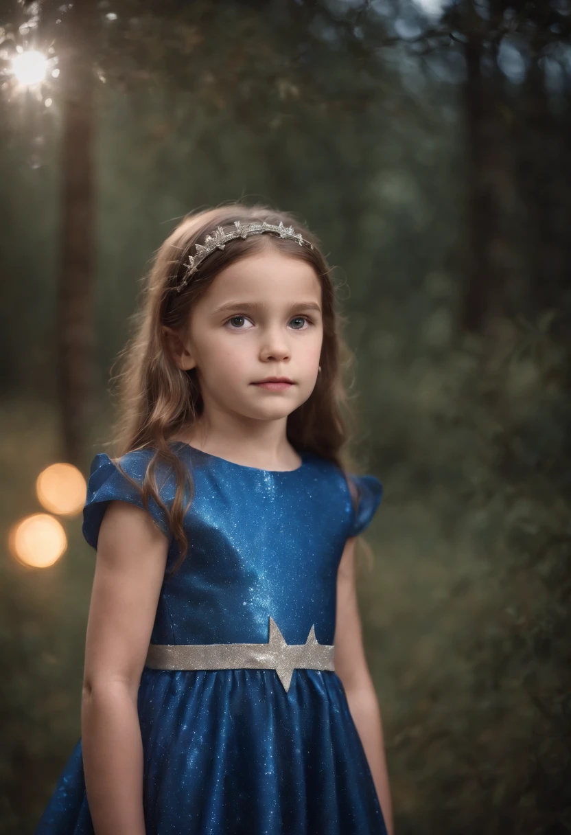 A six year old daughter wearing a shiny blue star dress