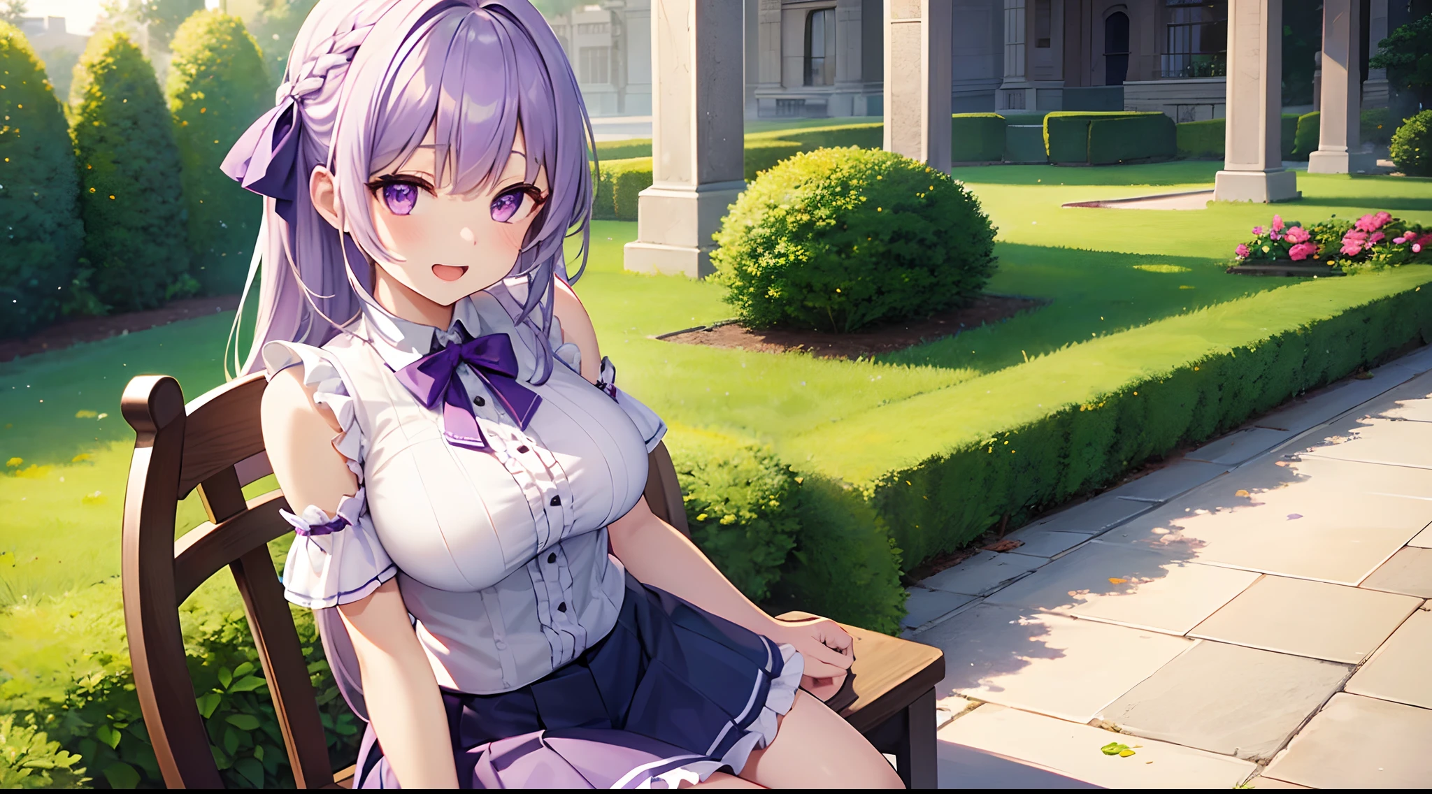 1 girl, game CG, frilled shirt, shoulders visible, short skirt, hair ribbon, gigantic breasts, light purple hair, long hair, french braid, purple eyes, park, smile, open mouth, sit,