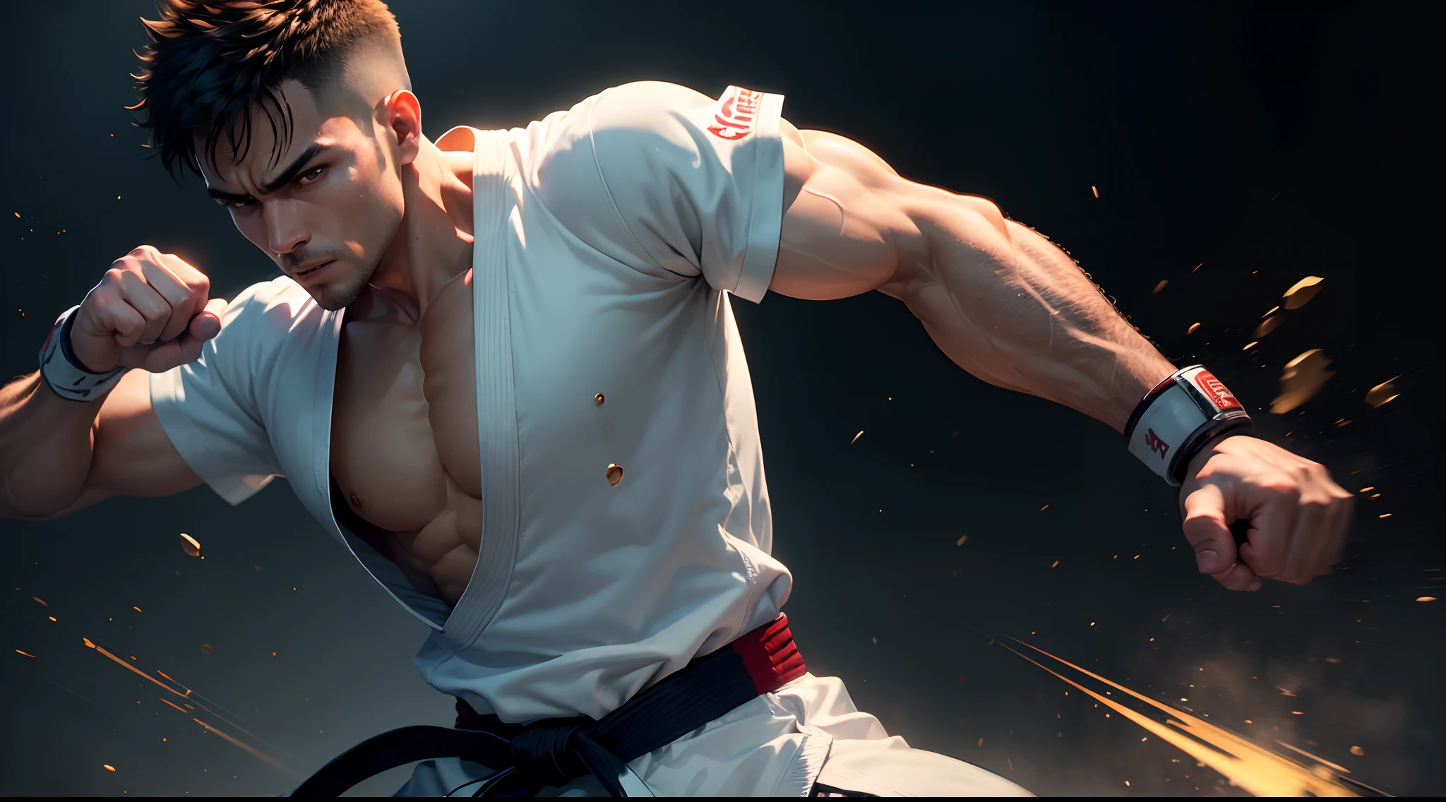 (a)male karate fighter, karate gi, (UHD:1.1), (HDR:1.1), studio lighting, (ultra-fine painting:1.1), (extreme detail description:1.1), (physically-based rendering:1.1), strong and confident pose, focused expression, intense martial arts action, vibrant colors, sharp focus. --auto
