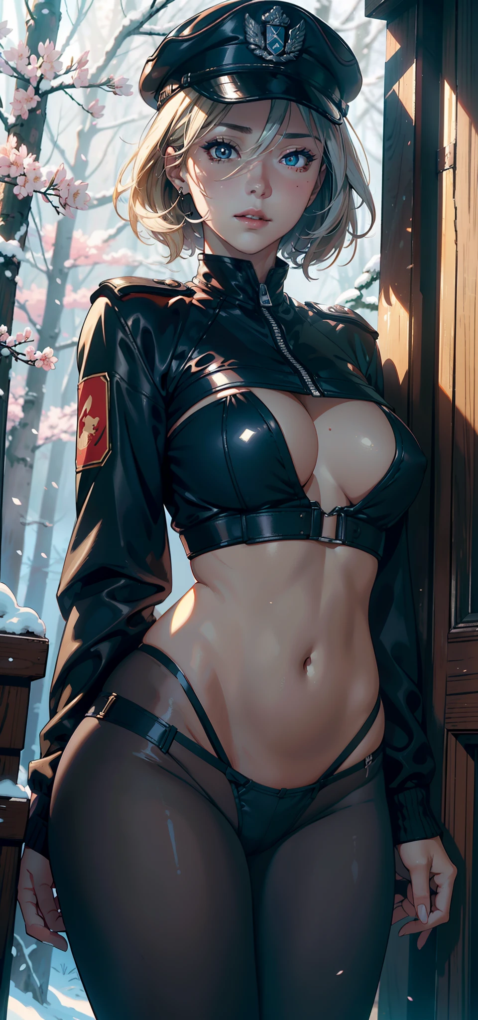 1female,41 years old,熟妇,A MILF ,Married Woman, mature,plumw,extremely large bosom ,Pornographic exposure, 独奏,(Background with:stunning view,coniferous forest,Deep in the forest,Cherry blossom forest)Stand deep in the forest,Snow-white skin, She has short blonde hair,seen from the front, hair straight,(((tmasterpiece),(Very detailed CG unity 8K wallpaper),best qualtiy,cinmatic lighting,detailed back ground,beatiful detailed eyes,Bright pupils,Redlip(Very fine and beautiful),(Beautiful and detailed eye description),ultra - detailed,tmasterpiece,)),facing at camera,A high resolution,ultra - detailed),revealing breasts,Bare genitalia, Bulge,legs are open,Raised sexy,Camel toes,Flushed complexion,WWII Germany,frontage,military hat(Wearing:Gray baseball jacket,tactical gear,Black tights)