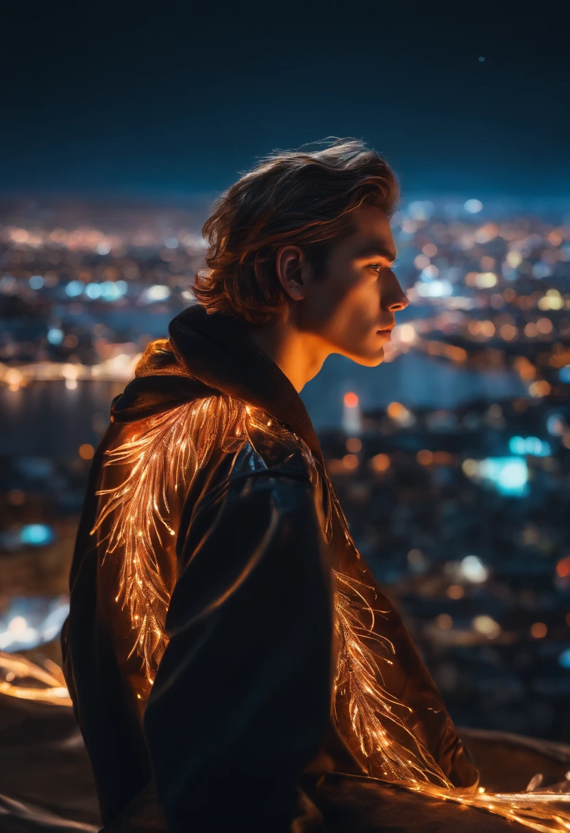 (Masterpiece), Best quality, 超高分辨率, young man, cyberpunk 1guy flying above stunning cityscape ,The lights on the clothes came on,There is a tattoo on the neck,Hoodie,brown hair, neon color shooting stars, wavy hair, cropped shoulders, feathers hair ornament, Neon colors, Twinkle, stunning night sky, Cinematic lighting, Photorealistic, Realistic skin, hdr,fish eye