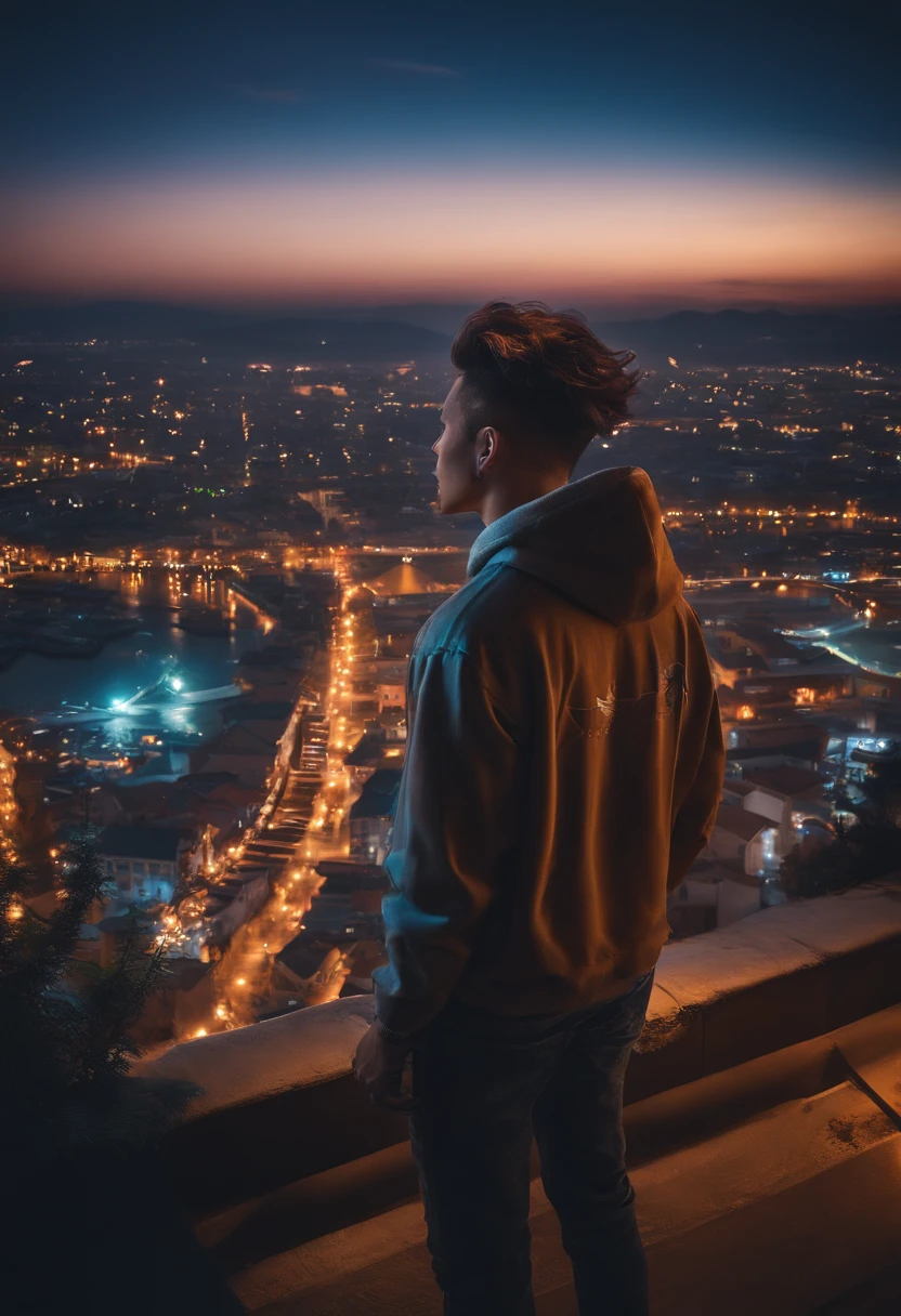 (Masterpiece), Best quality, 超高分辨率, young man, cyberpunk 1guy flying above stunning cityscape ,The lights on the clothes came on,There is a tattoo on the neck,Hoodie,brown hair, neon color shooting stars, wavy hair, cropped shoulders, feathers hair ornament, Neon colors, Twinkle, stunning night sky, Cinematic lighting, Photorealistic, Realistic skin, hdr,fish eye