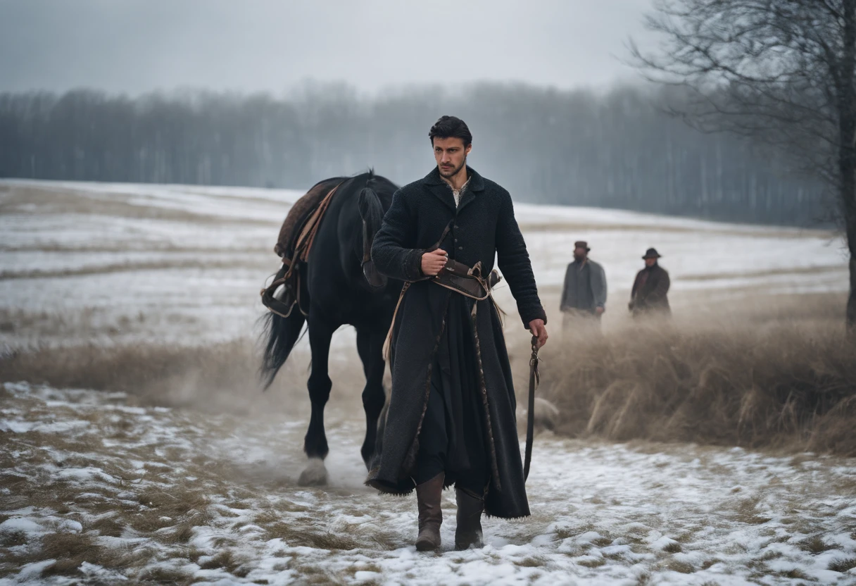 medieval Hungary, young gypsy man as stable hand, black horse, snow on ground, field, day