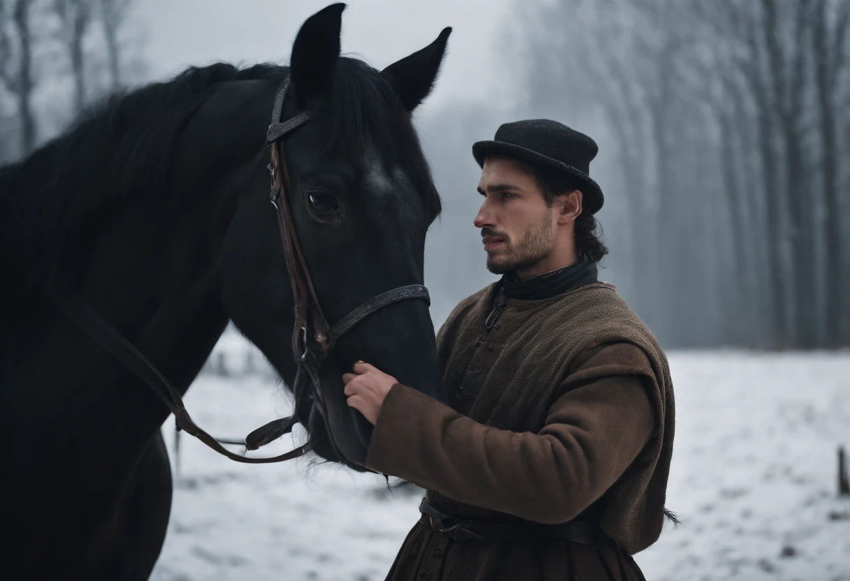 medieval Hungary, young gypsy man as stable hand, black horse, snow on ground, field, day