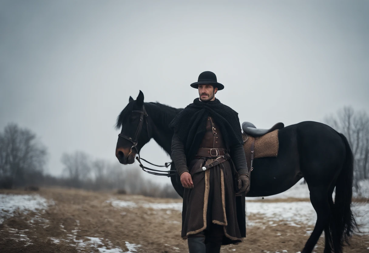 medieval Hungary, young gypsy man as stable hand, black horse, snow on ground, field, day