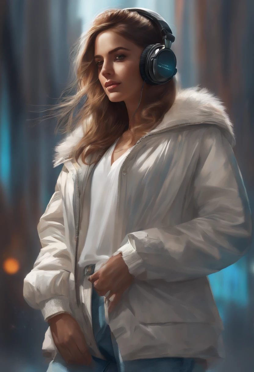 Perfect centering, A cute kitten all over, Wear a student jacket, Wearing sunglasses, Wearing headphones, Standing position, Abstract beauty, Centered, Looking at the camera, Facing the camera, nearing perfection, Dynamic, Moonlight, Highly detailed, Digital painting, art stations, concept-art, smooth, Sharp focus, 8K, high definition resolution, illustration, Art by Carne Griffiths and Wadim Kashin, White background